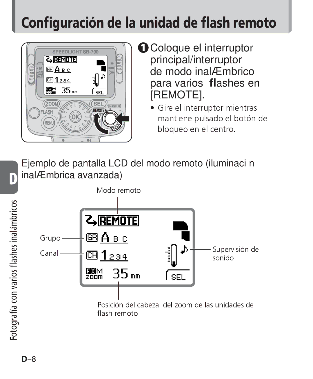 Nikon SB-700 manual Configuración de la unidad de flash remoto 