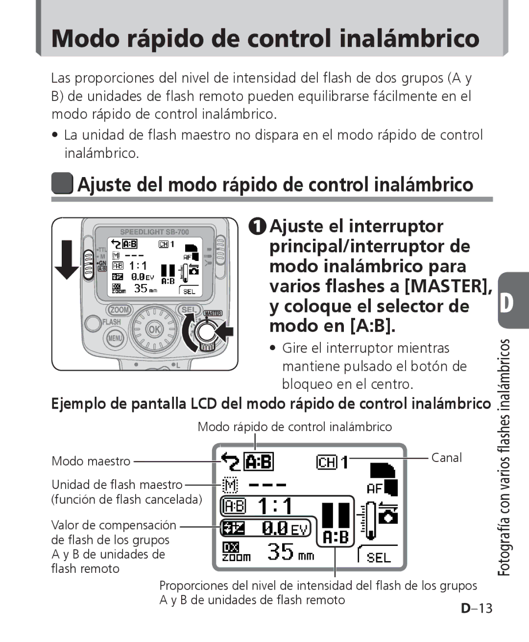 Nikon SB-700 manual Modo rápido de control inalámbrico Modo maestro Canal 