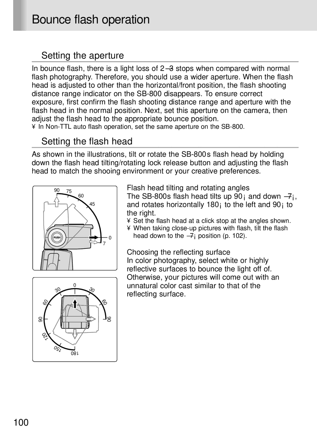 Nikon SB-800 Bounce flash operation, Setting the aperture, Setting the flash head, Flash head tilting and rotating angles 