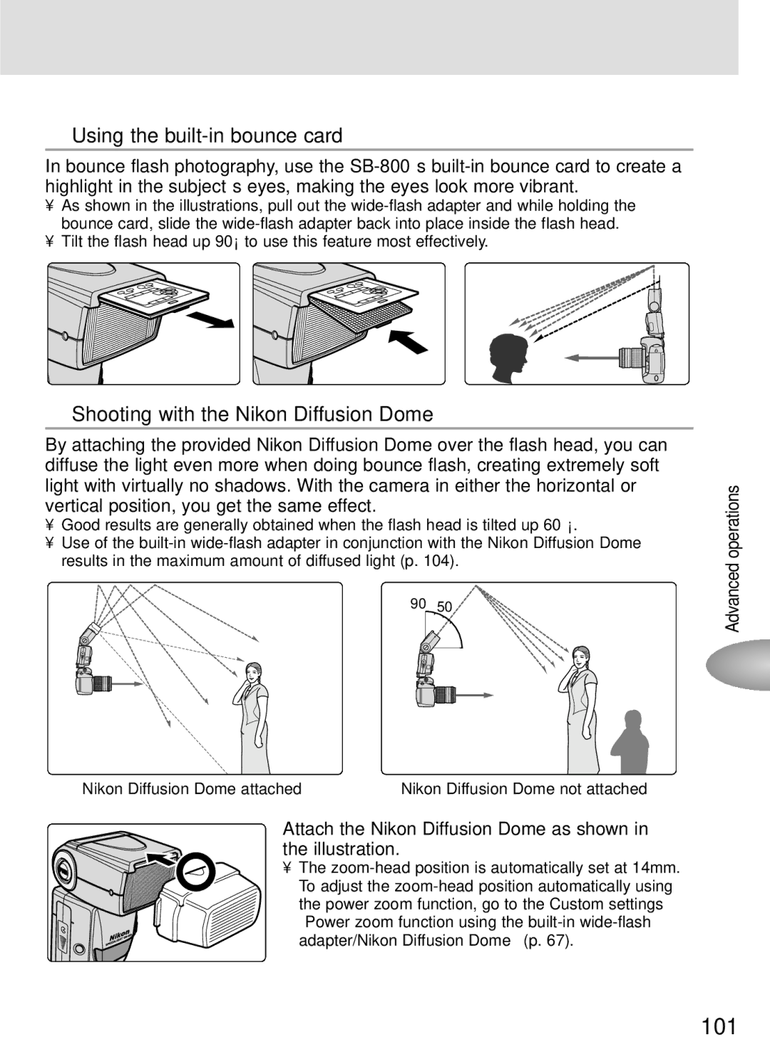 Nikon SB-800 instruction manual Using the built-in bounce card, Shooting with the Nikon Diffusion Dome 