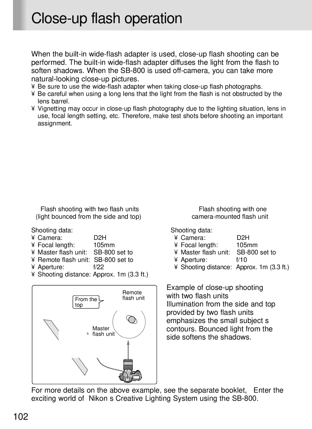 Nikon SB-800 instruction manual Close-up flash operation, 102 