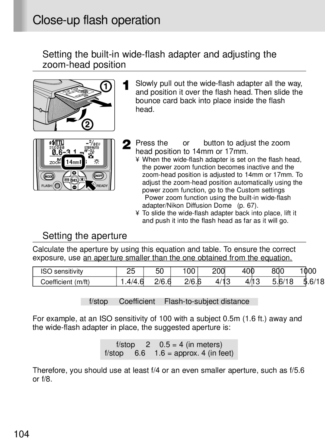 Nikon SB-800 instruction manual Close-up flash operation, 100 200 400 800 1000, Coefficient m/ft 