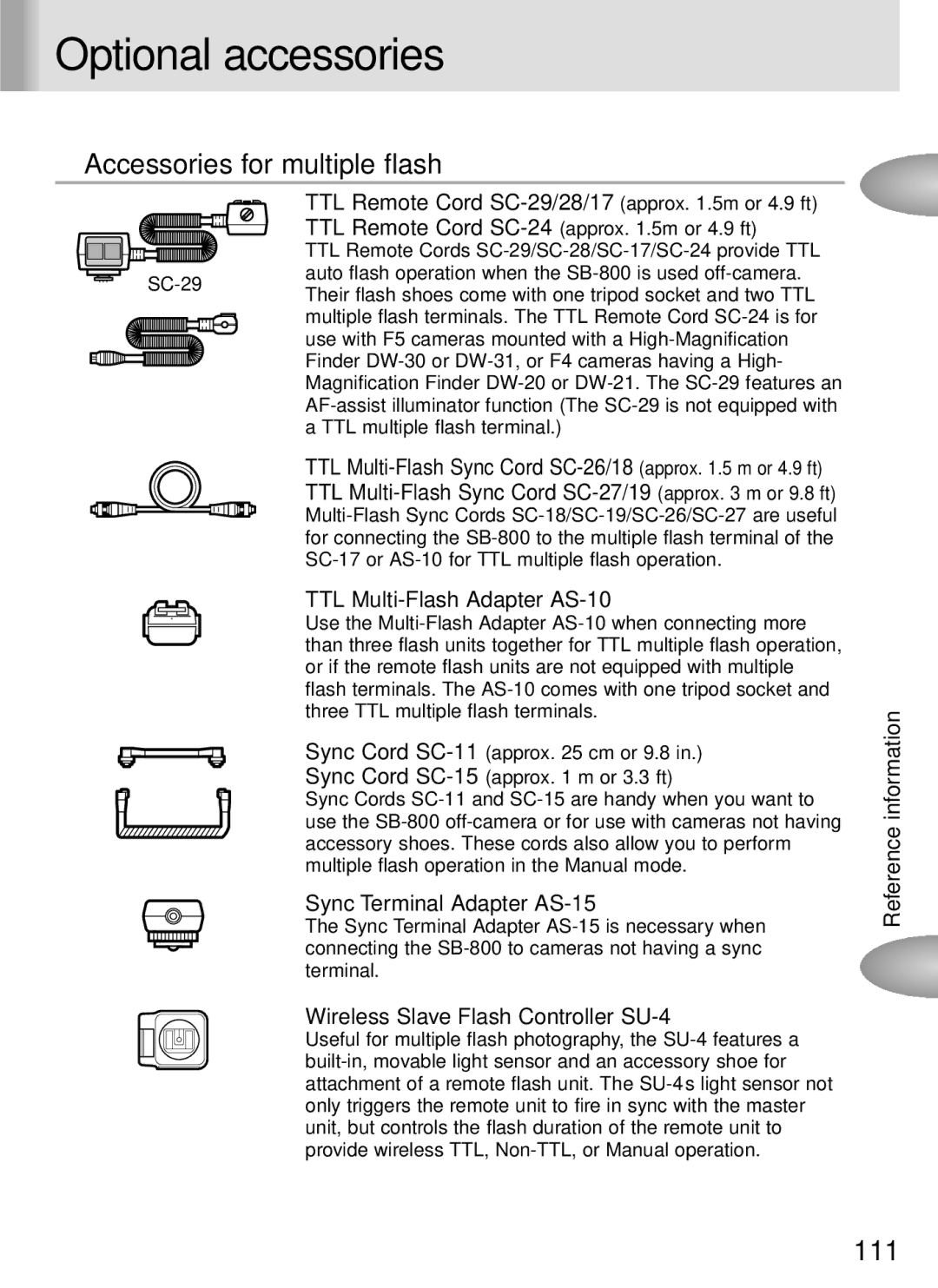 Nikon SB-800 instruction manual Optional accessories, Accessories for multiple flash 