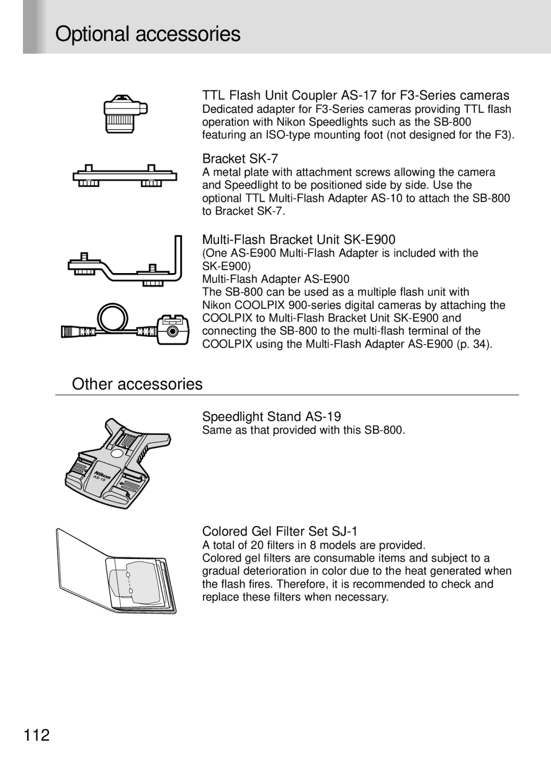 Nikon SB-800 instruction manual Optional accessories, Other accessories 