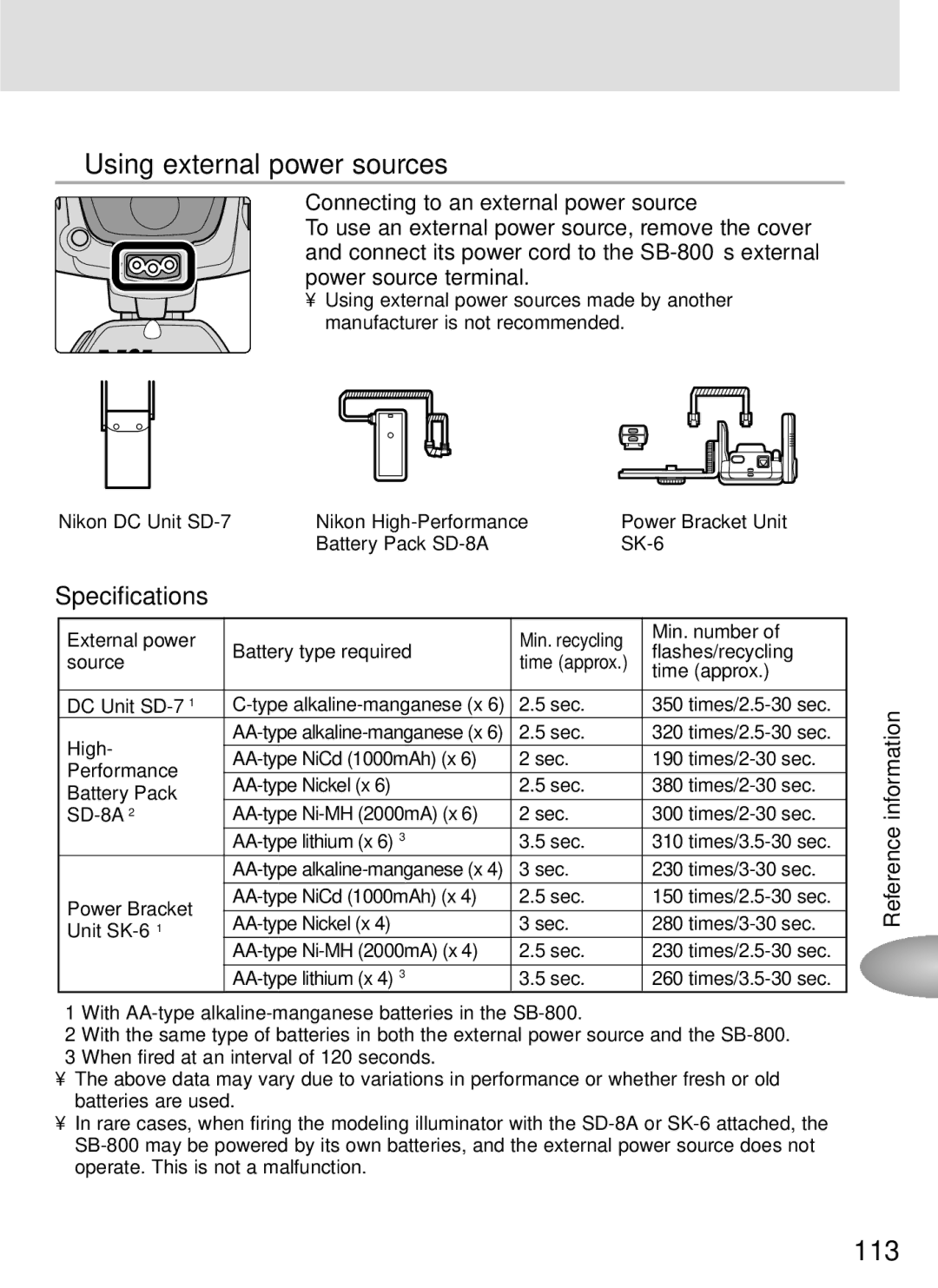 Nikon SB-800 instruction manual Using external power sources, Specifications, Connecting to an external power source 