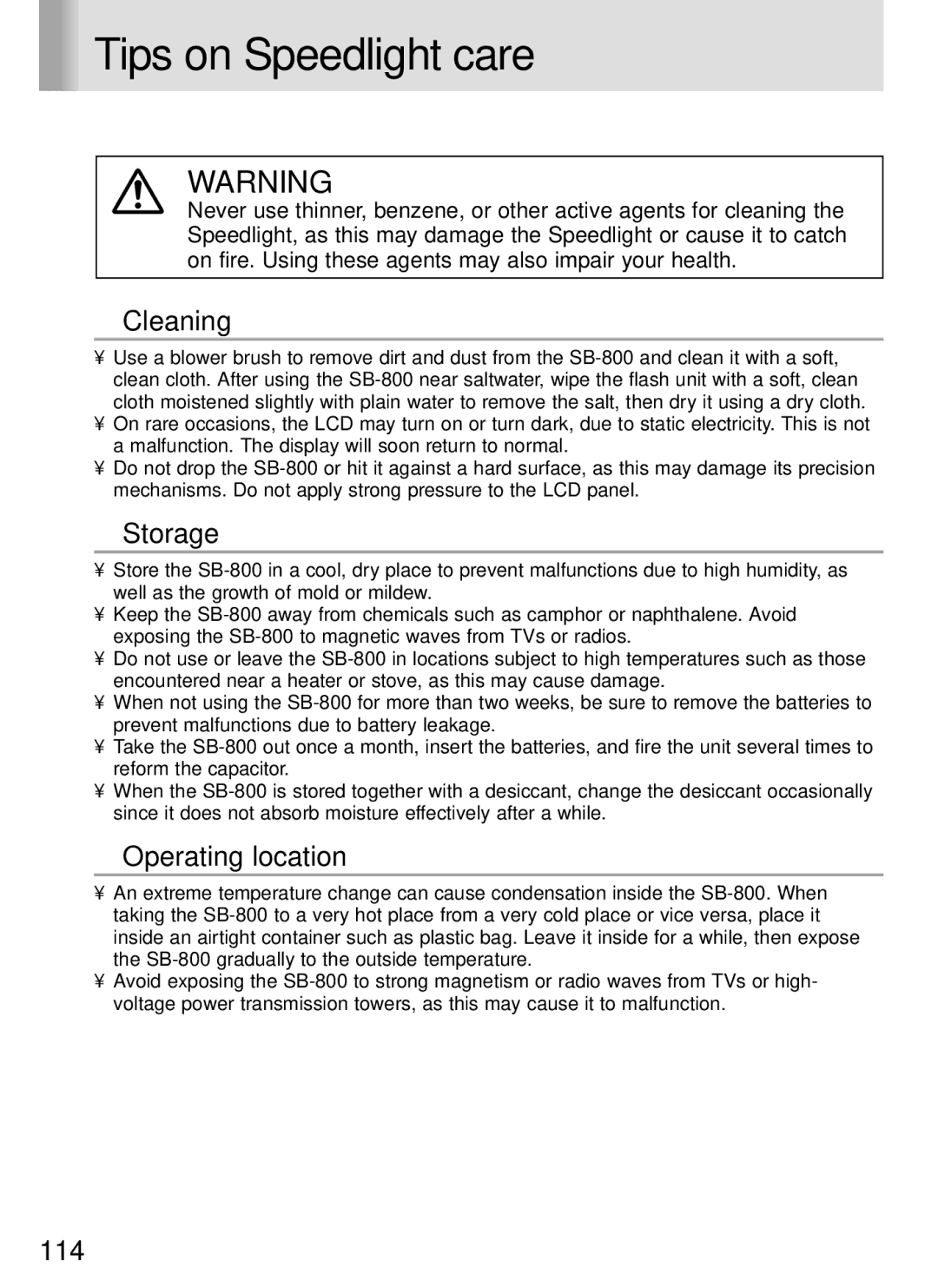 Nikon SB-800 instruction manual Tips on Speedlight care, Cleaning, Storage, Operating location 