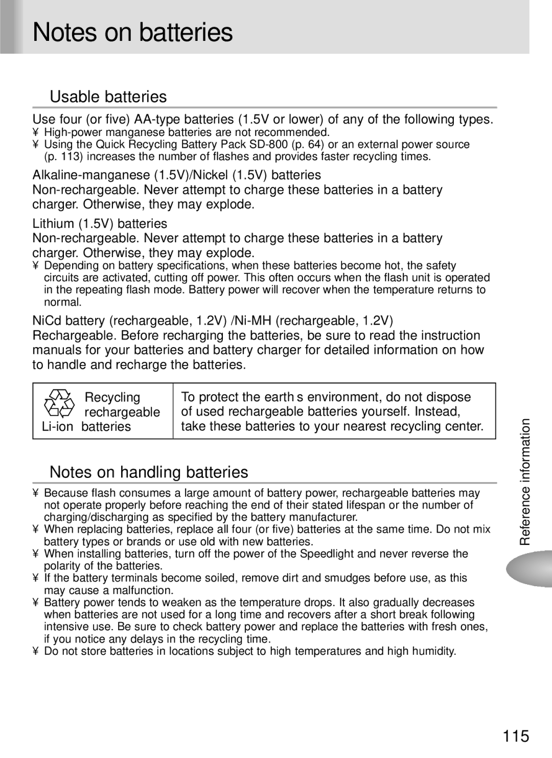 Nikon SB-800 instruction manual Usable batteries, Used rechargeable batteries yourself. Instead 