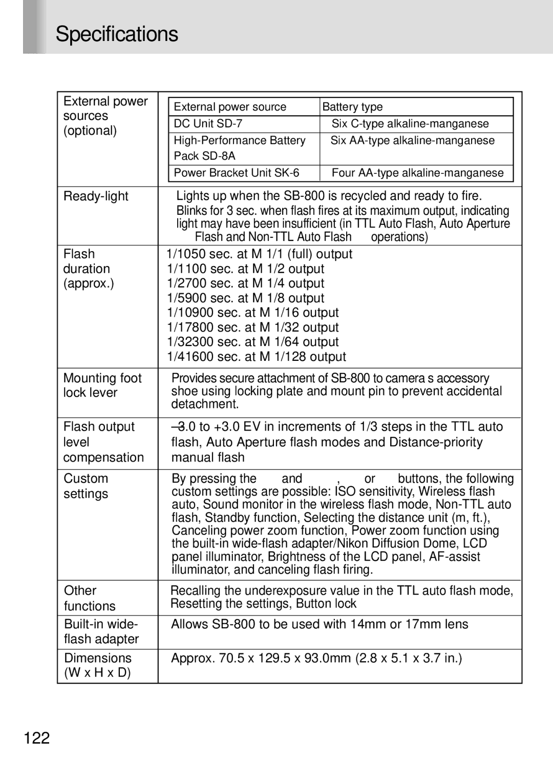 Nikon SB-800 instruction manual Specifications 