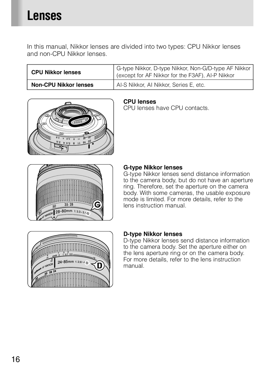 Nikon SB-800 instruction manual Lenses, Non-CPU Nikkor lenses 