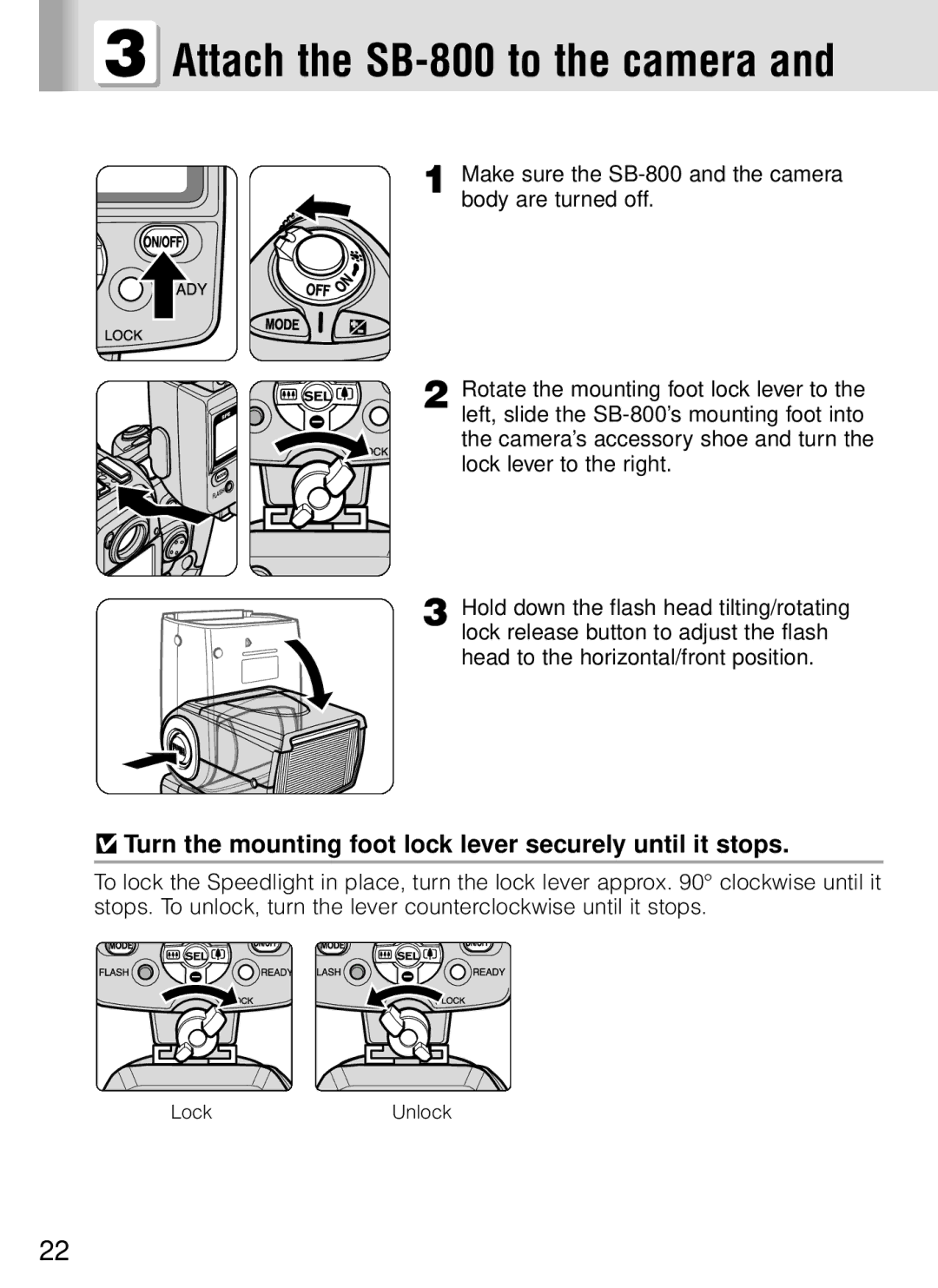 Nikon instruction manual Attach the SB-800 to the camera, Turn the mounting foot lock lever securely until it stops 