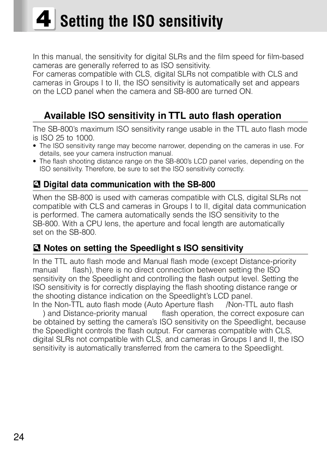 Nikon SB-800 instruction manual Setting the ISO sensitivity, Available ISO sensitivity in TTL auto flash operation 