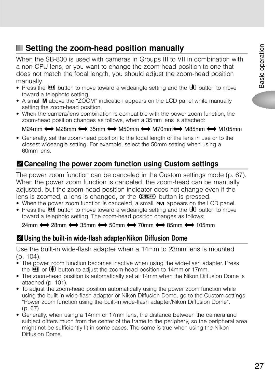 Nikon SB-800 Setting the zoom-head position manually, Canceling the power zoom function using Custom settings 