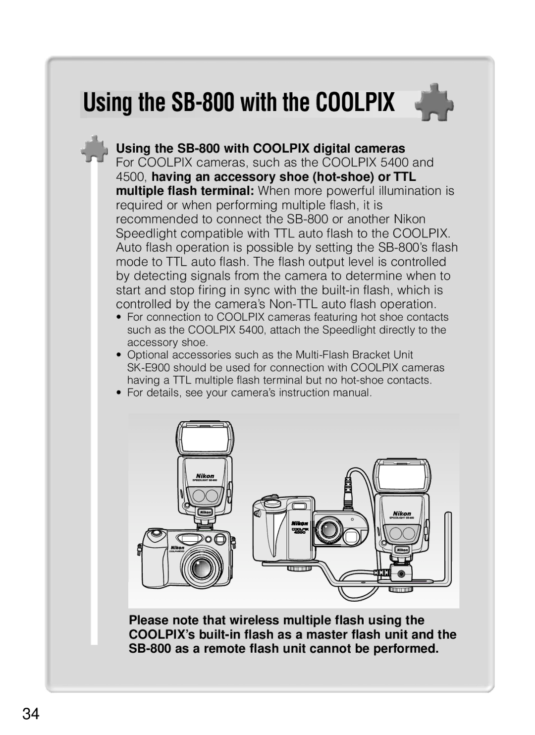 Nikon instruction manual Using the SB-800 with the Coolpix, Using the SB-800 with Coolpix digital cameras 