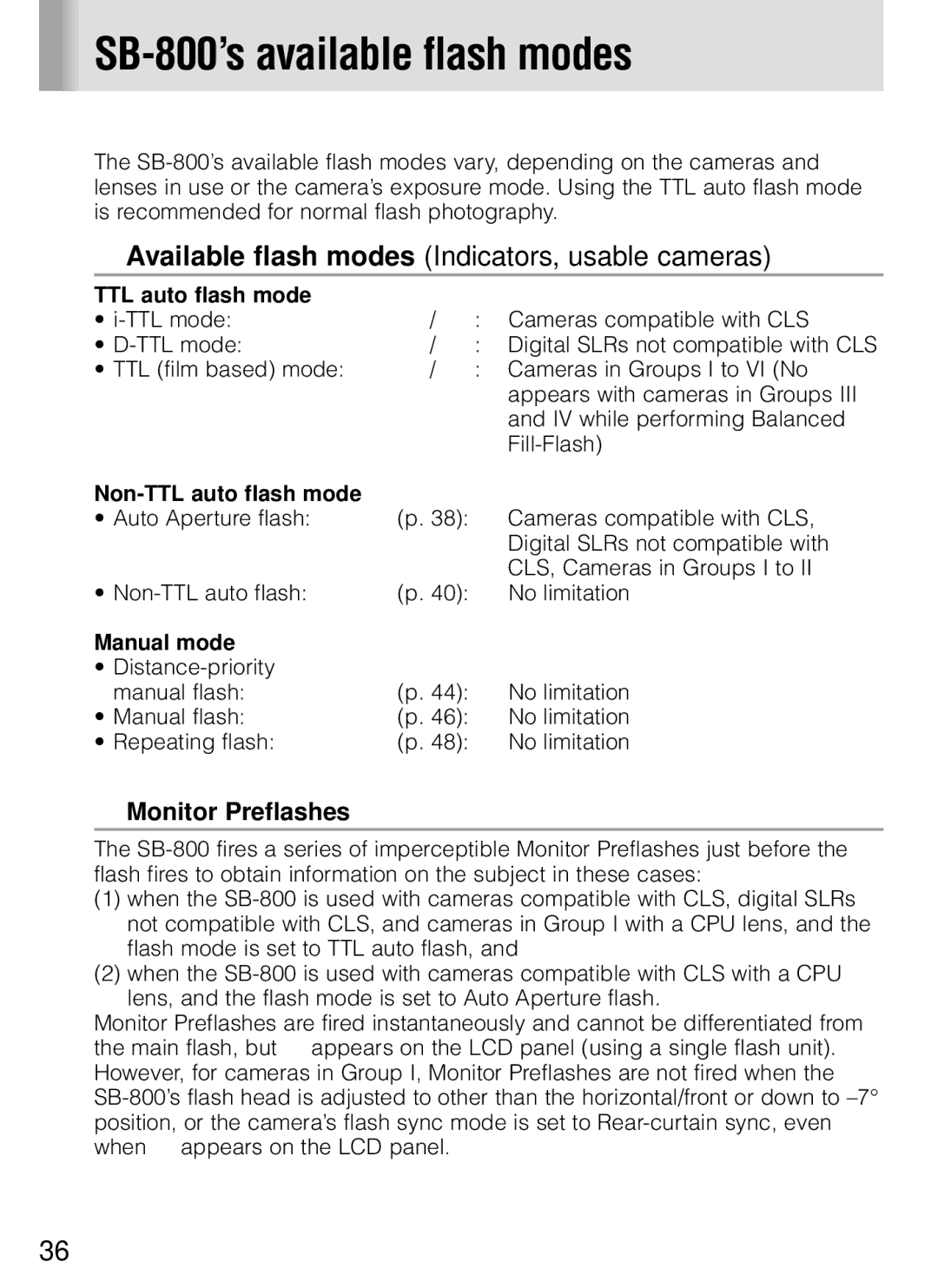 Nikon instruction manual SB-800’s available flash modes, Monitor Preflashes, Non-TTL auto flash mode, Manual mode 