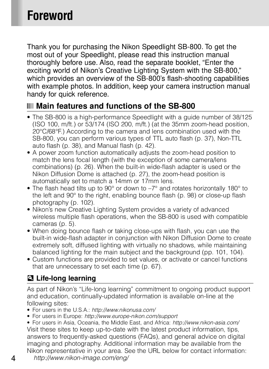 Nikon instruction manual Foreword, Main features and functions of the SB-800, Life-long learning 