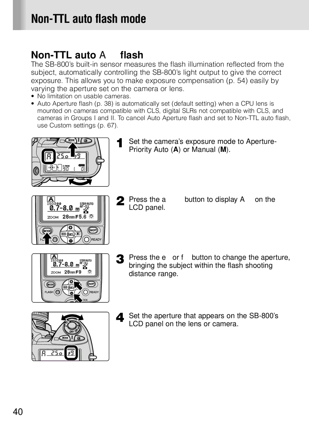 Nikon SB-800 instruction manual Non-TTL auto flash mode, Non-TTL auto a flash 