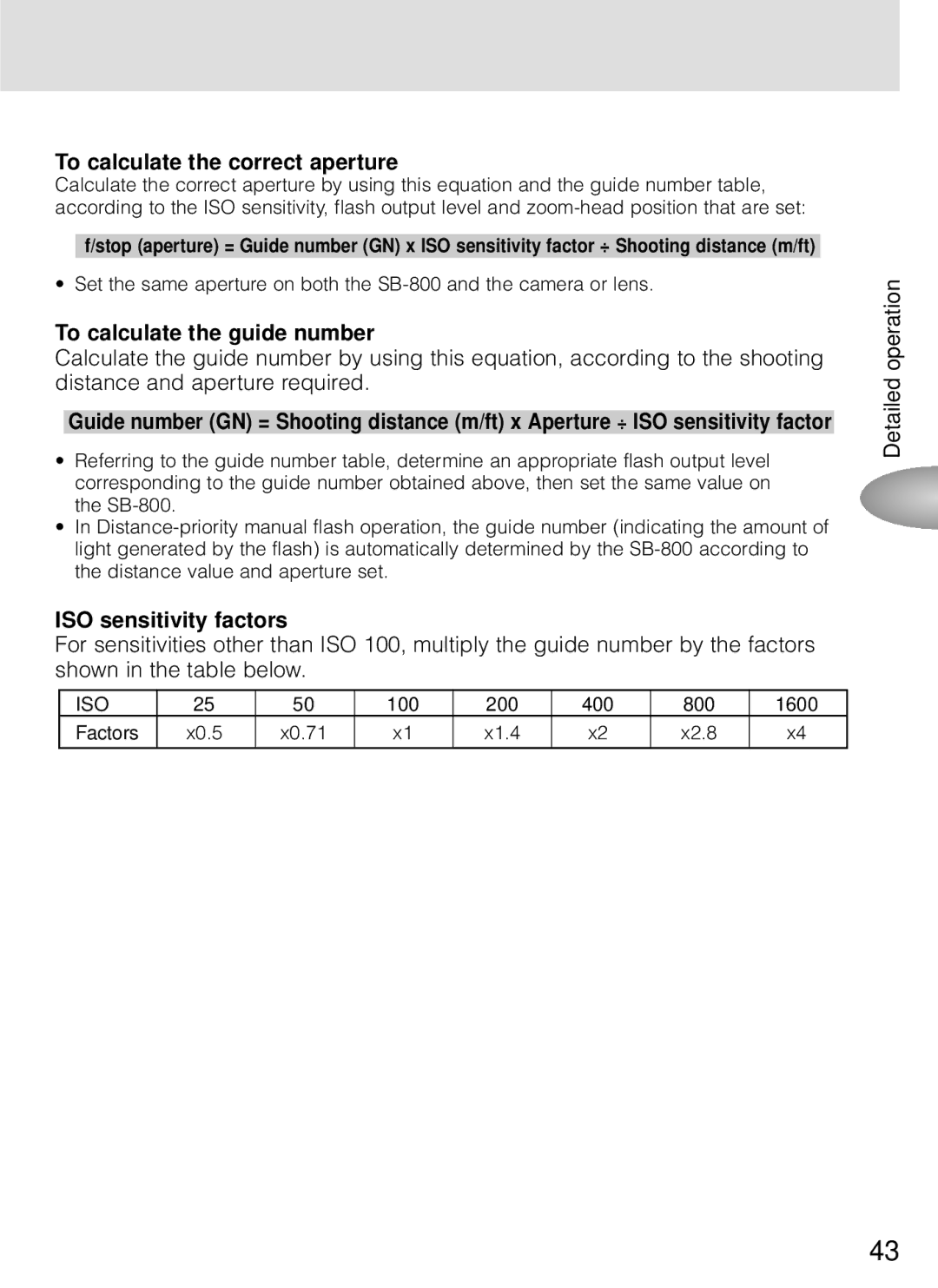 Nikon SB-800 instruction manual To calculate the correct aperture, To calculate the guide number, ISO sensitivity factors 