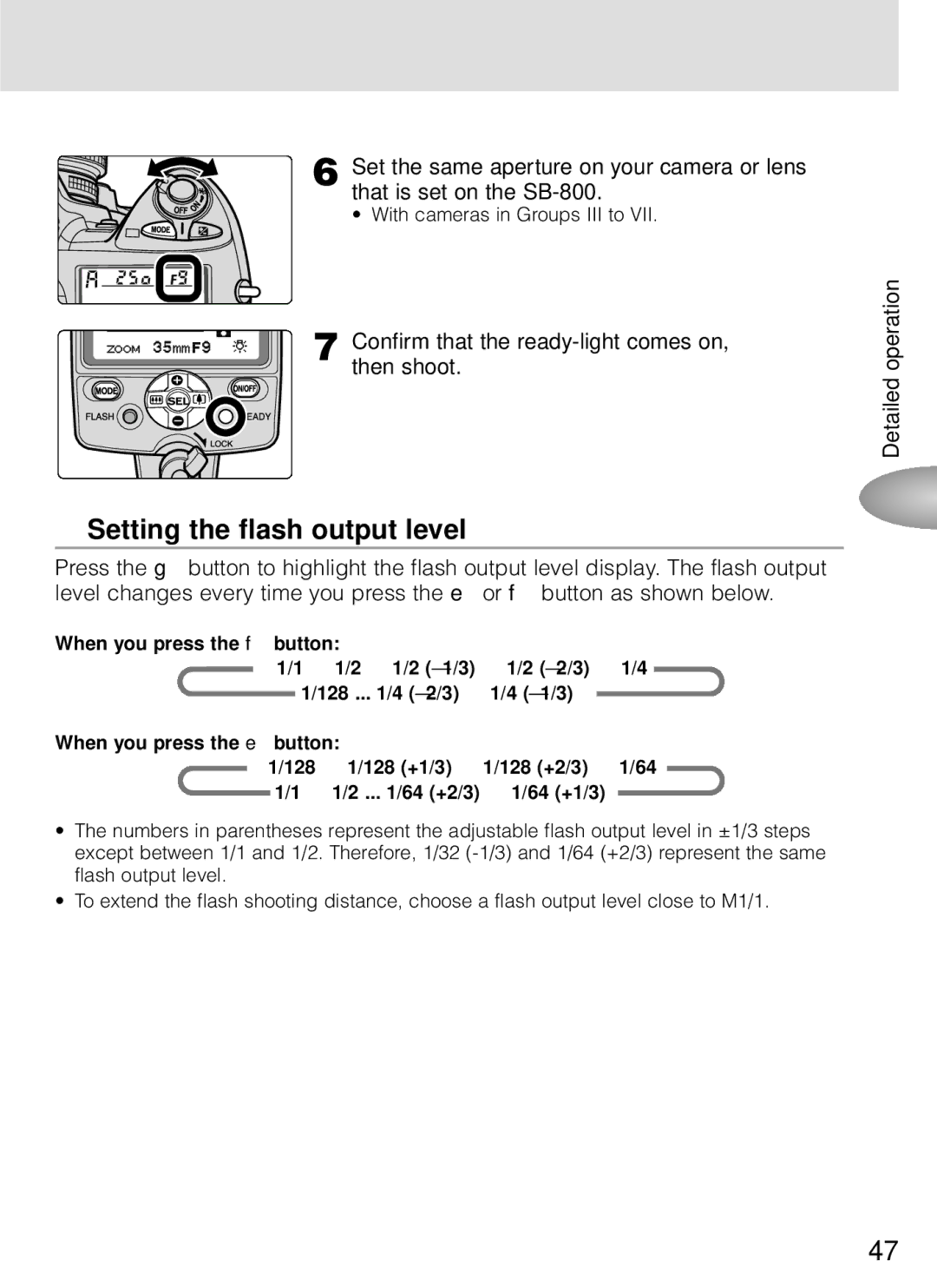 Nikon SB-800 instruction manual Setting the flash output level, Confirm that the ready-light comes on, then shoot 