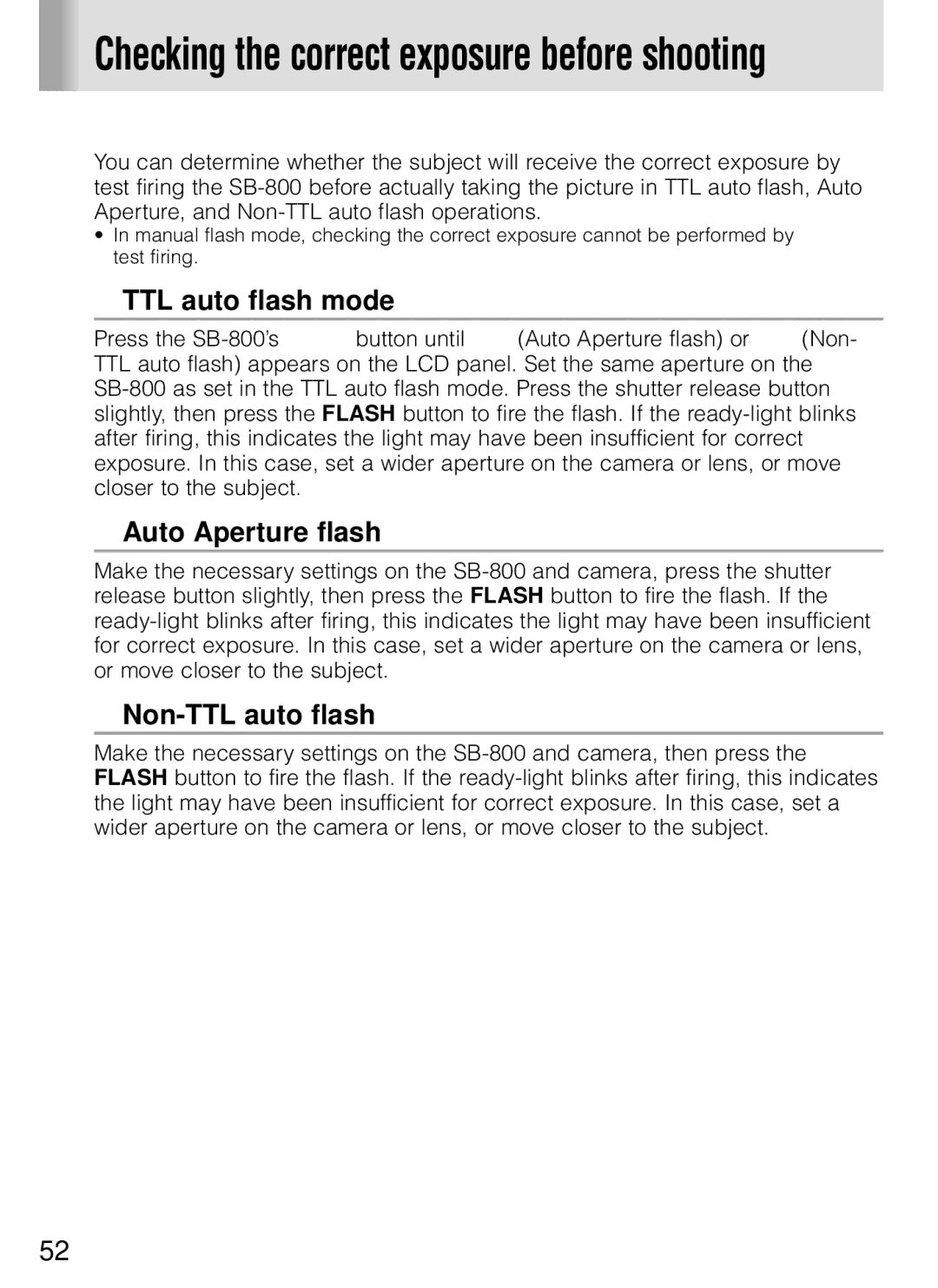 Nikon SB-800 instruction manual TTL auto flash mode, Auto Aperture flash, Non-TTL auto flash 