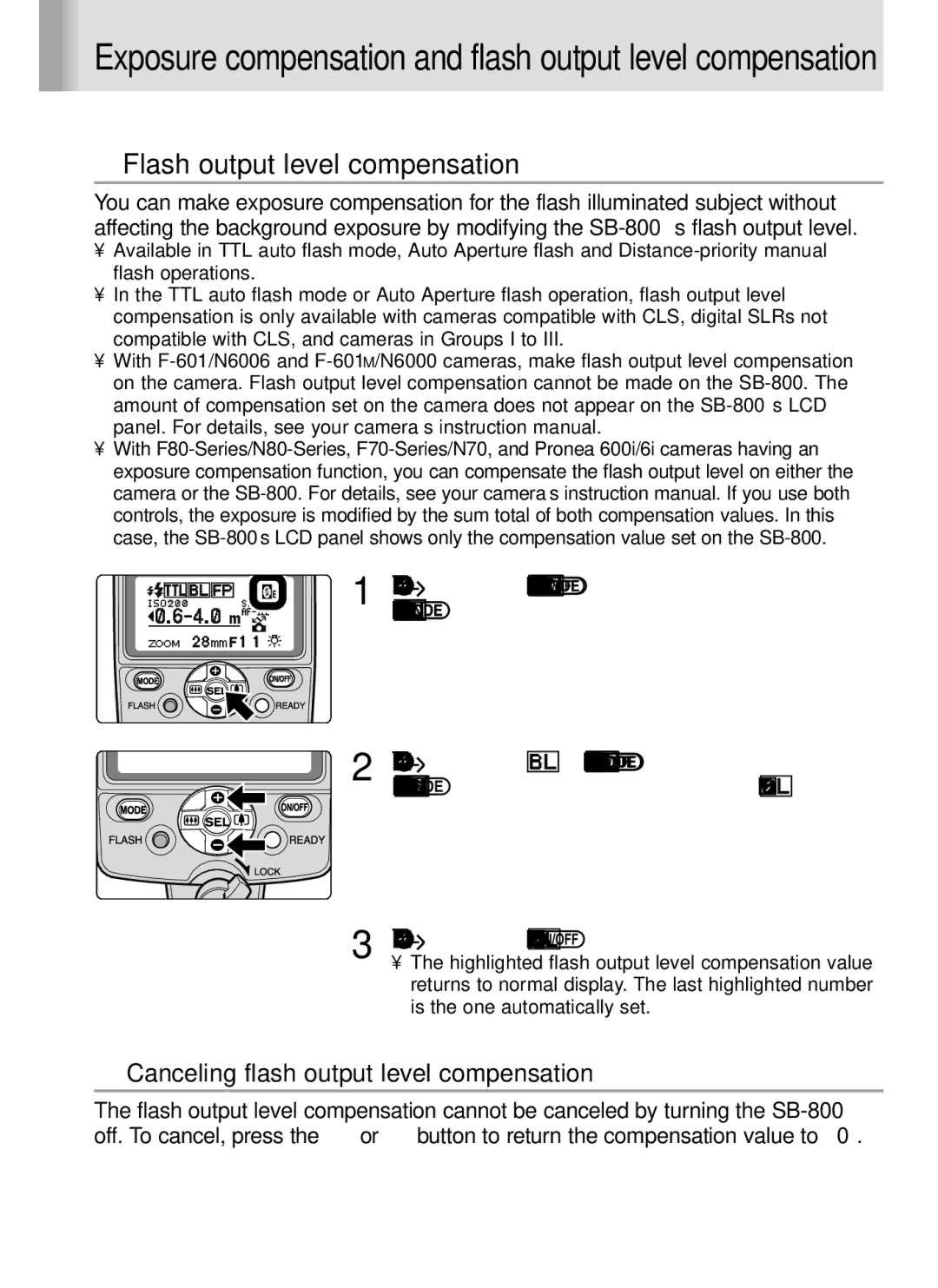 Nikon SB-800 instruction manual Canceling flash output level compensationPress the g button 