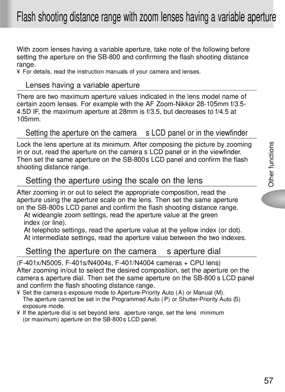 Nikon SB-800 Setting the aperture using the scale on the lens, Setting the aperture on the camera’s aperture dial 