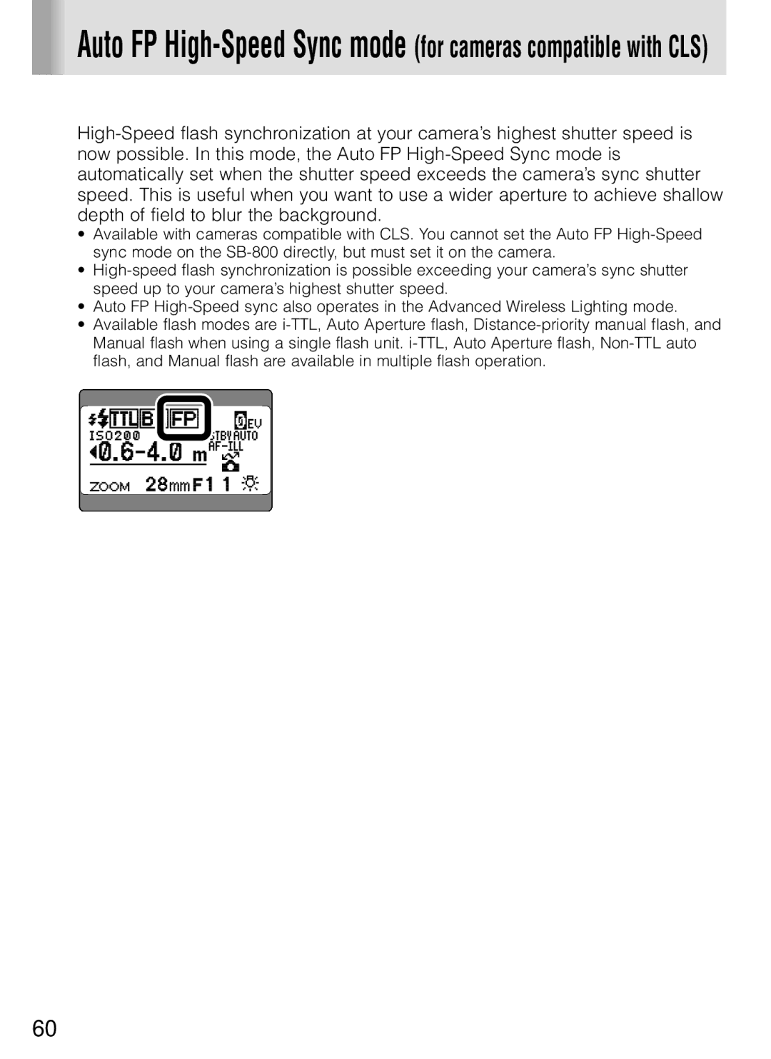 Nikon SB-800 instruction manual Auto FP High-Speed Sync mode for cameras compatible with CLS 