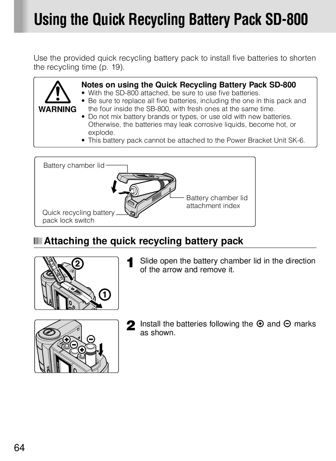 Nikon SB-800 instruction manual Using the Quick Recycling Battery Pack SD-800, Attaching the quick recycling battery pack 