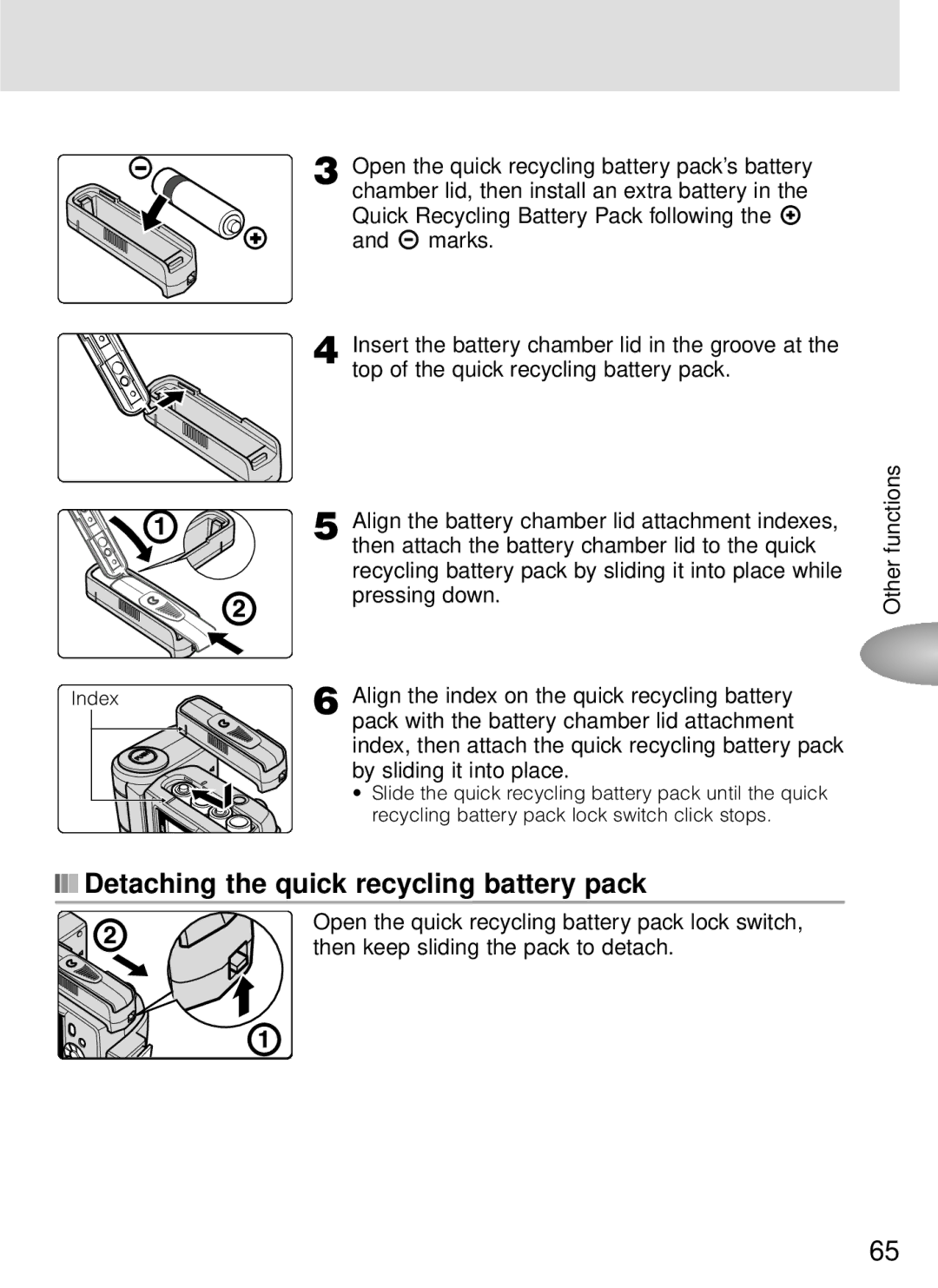 Nikon SB-800 instruction manual Detaching the quick recycling battery pack, Align the index on the quick recycling battery 