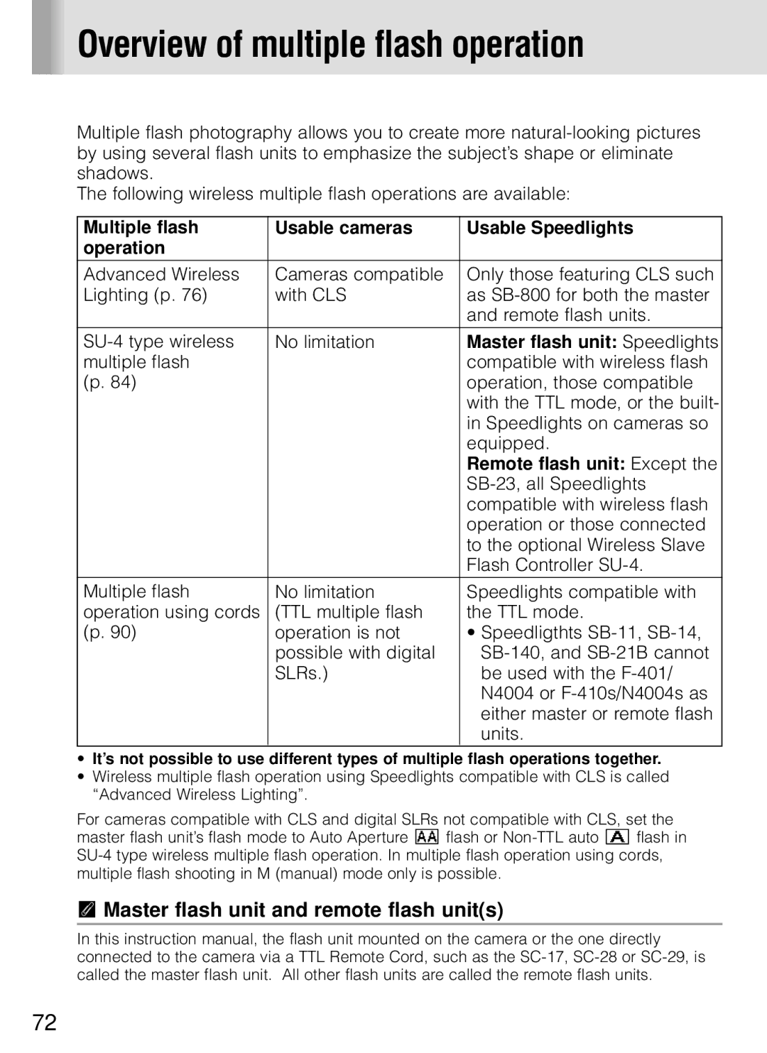 Nikon SB-800 instruction manual Overview of multiple flash operation, Master flash unit and remote flash units 