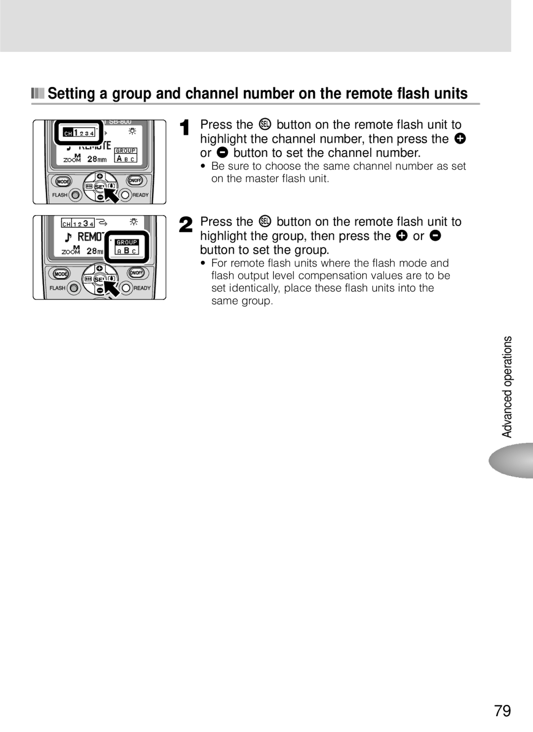 Nikon SB-800 instruction manual Setting a group and channel number on the remote flash units 