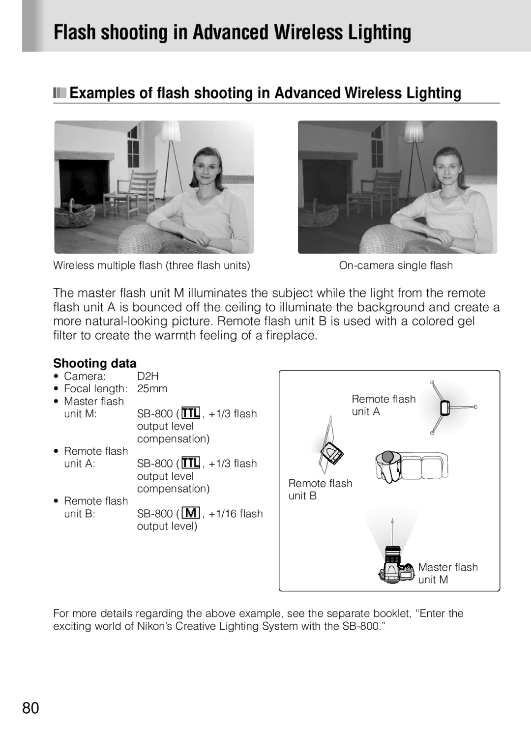 Nikon SB-800 instruction manual Examples of flash shooting in Advanced Wireless Lighting, Shooting data 