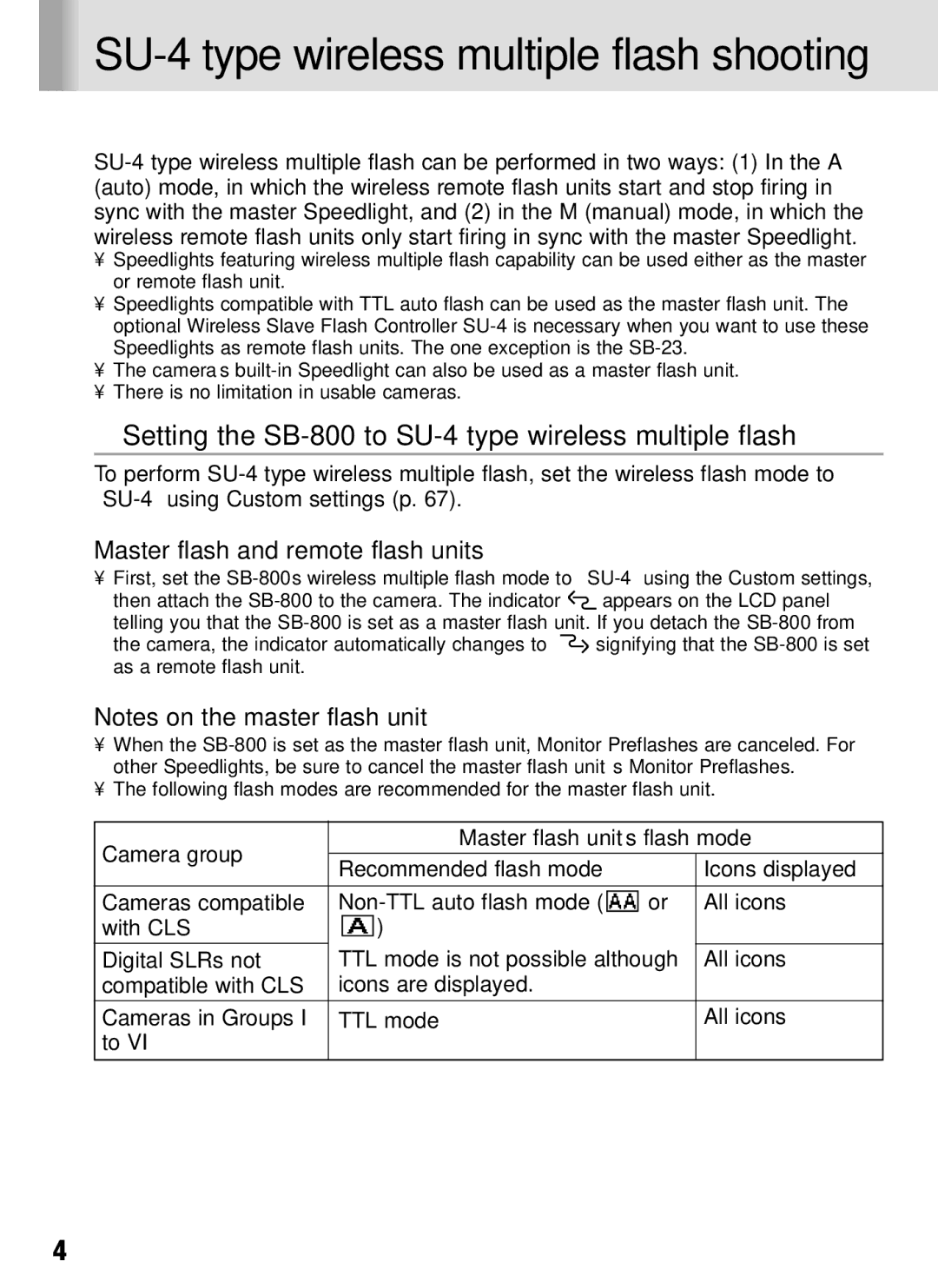 Nikon instruction manual Setting the SB-800 to SU-4 type wireless multiple flash, Master flash and remote flash units 