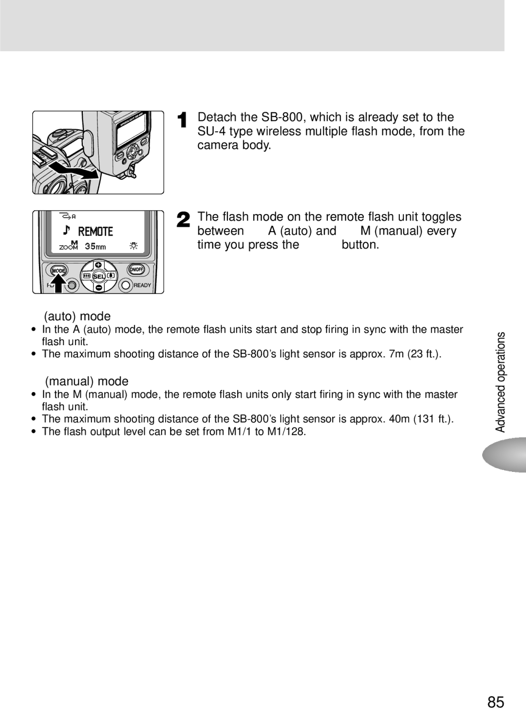 Nikon SB-800 instruction manual Setting the flash mode on the remote flash units, Manual mode 