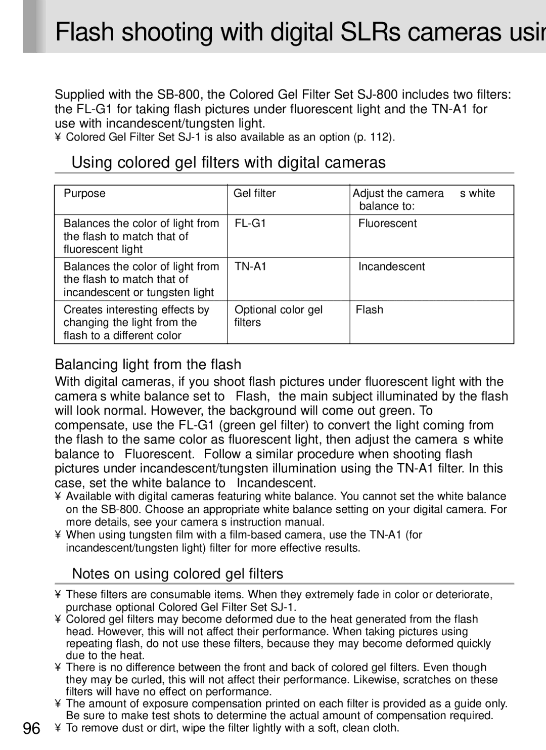 Nikon SB-800 instruction manual Using colored gel filters with digital cameras, Balancing light from the flash 