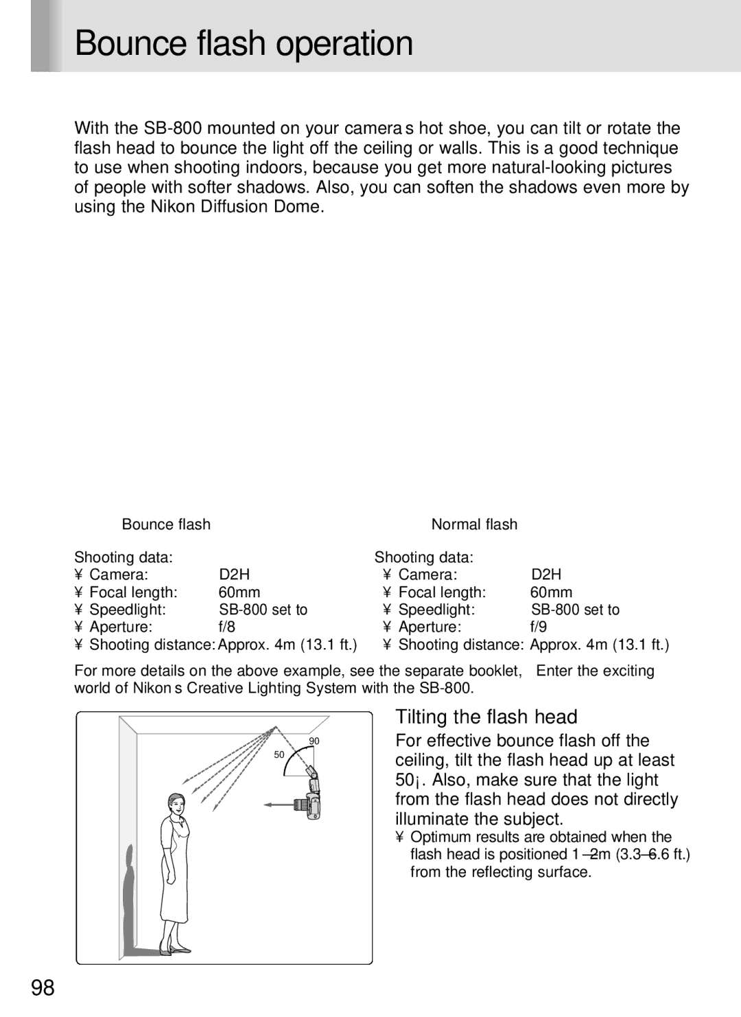 Nikon SB-800 instruction manual Bounce flash operation, Tilting the flash head, Shooting data 