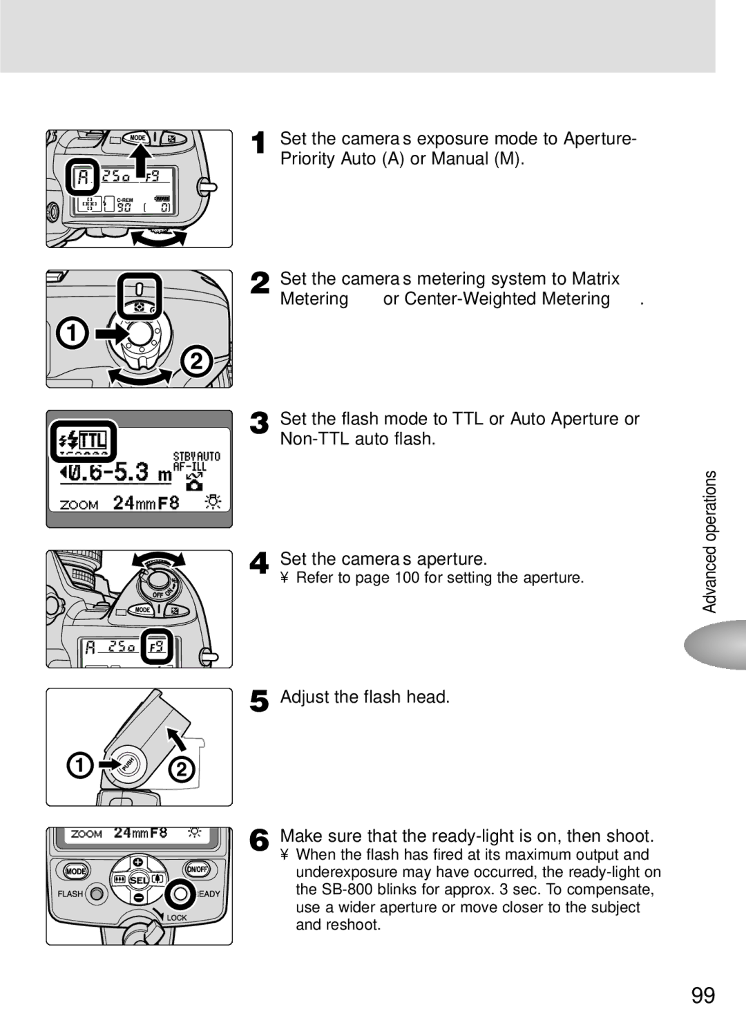 Nikon SB-800 instruction manual Refer to page 100 for setting the aperture 