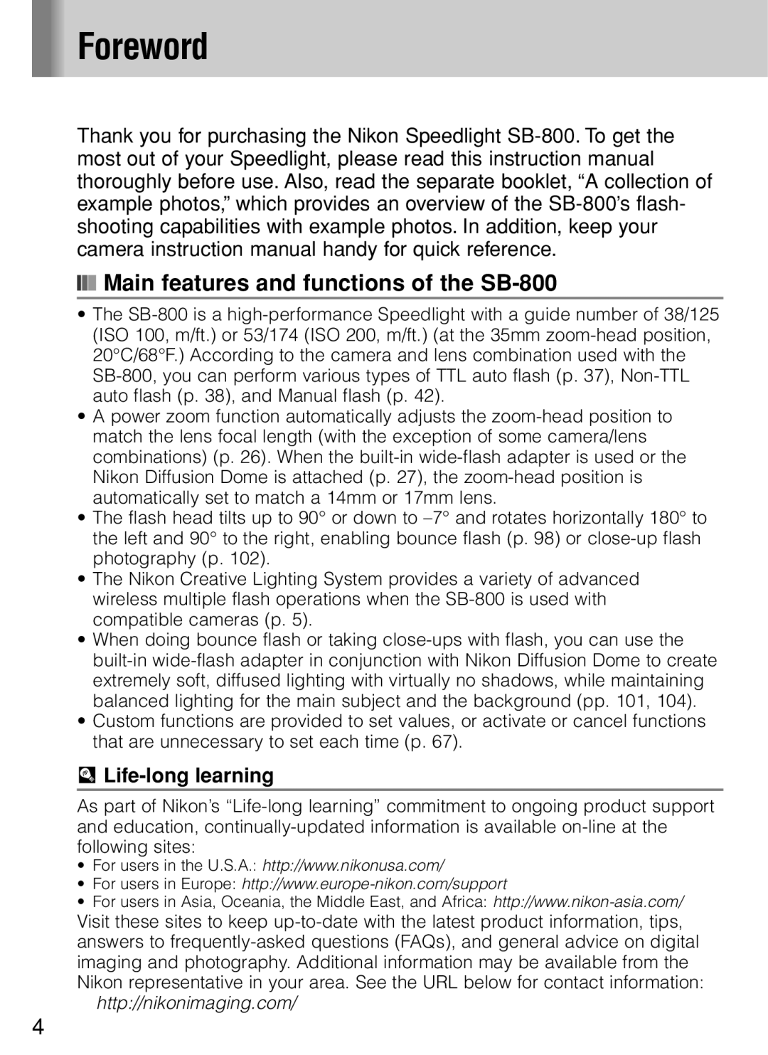 Nikon instruction manual Foreword, Main features and functions of the SB-800, Life-long learning 