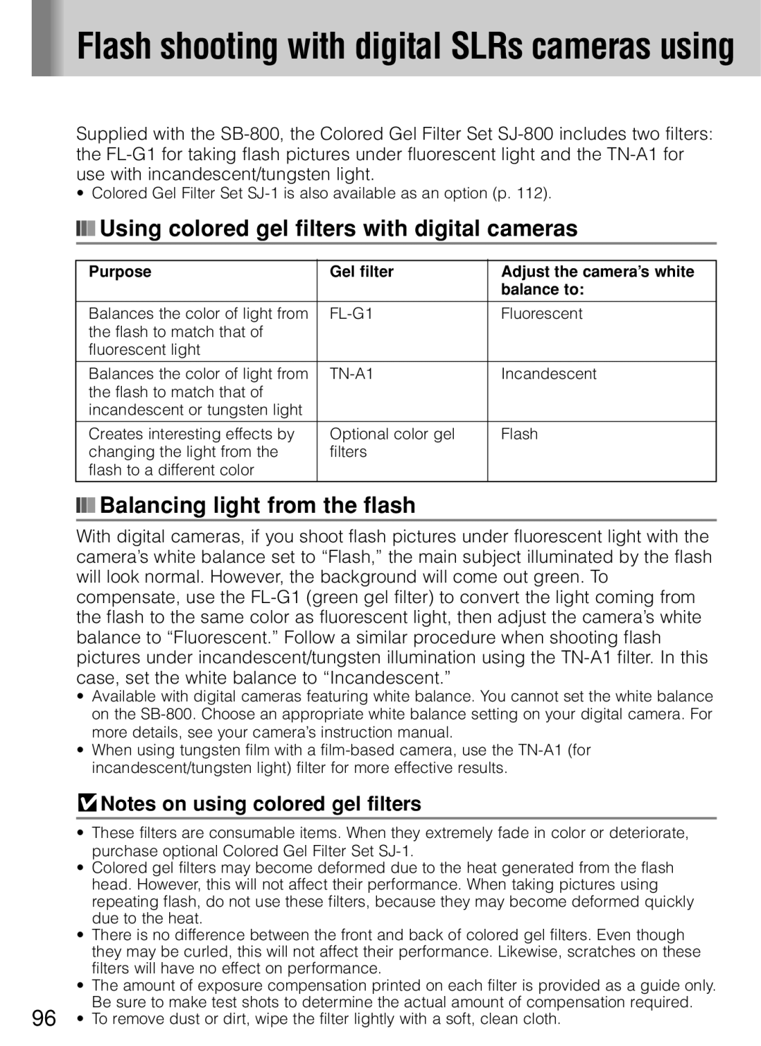 Nikon SB-800 instruction manual Using colored gel filters with digital cameras, Balancing light from the flash 