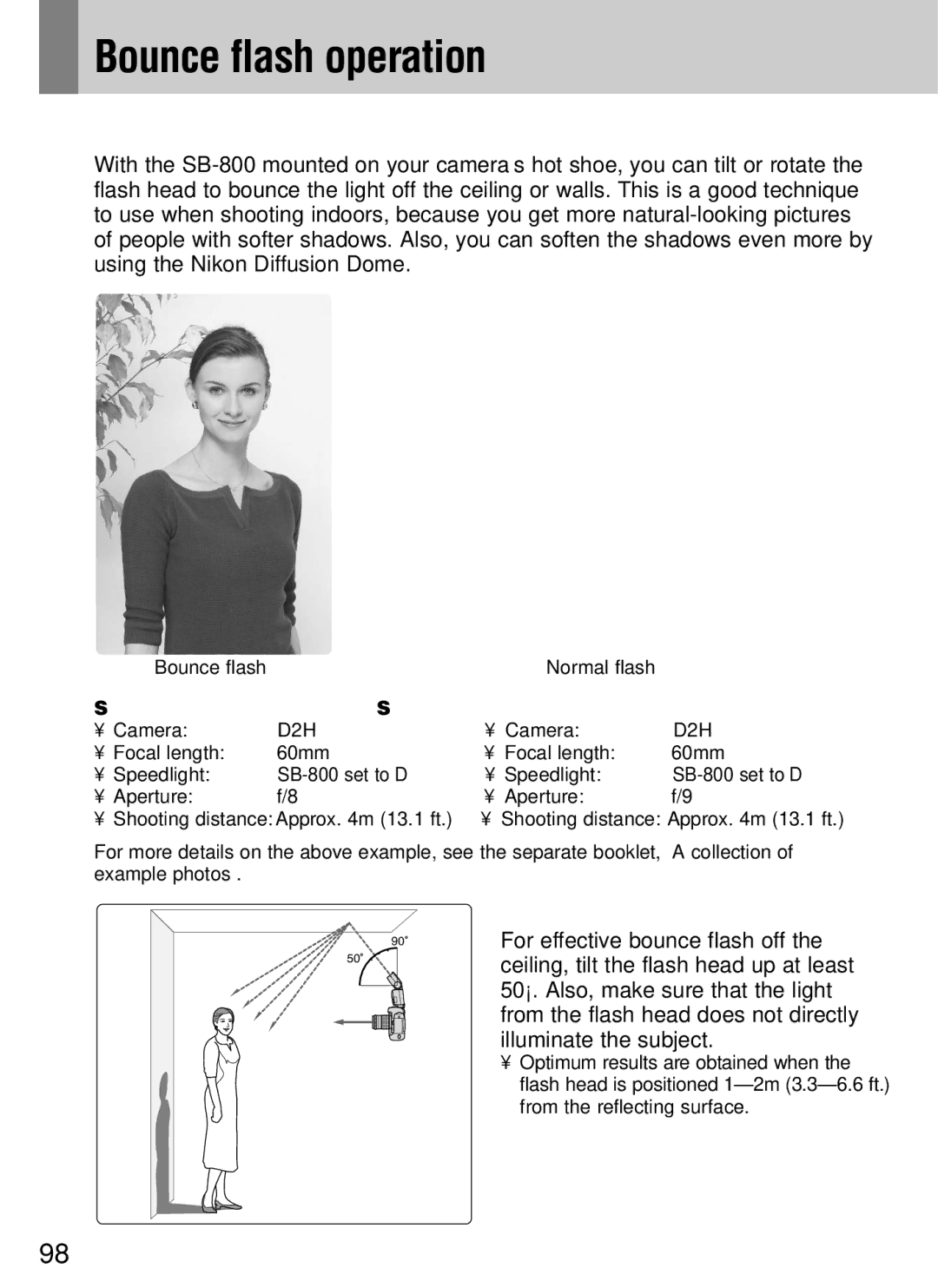 Nikon SB-800 instruction manual Bounce flash operation, Tilting the flash head, Shooting data 