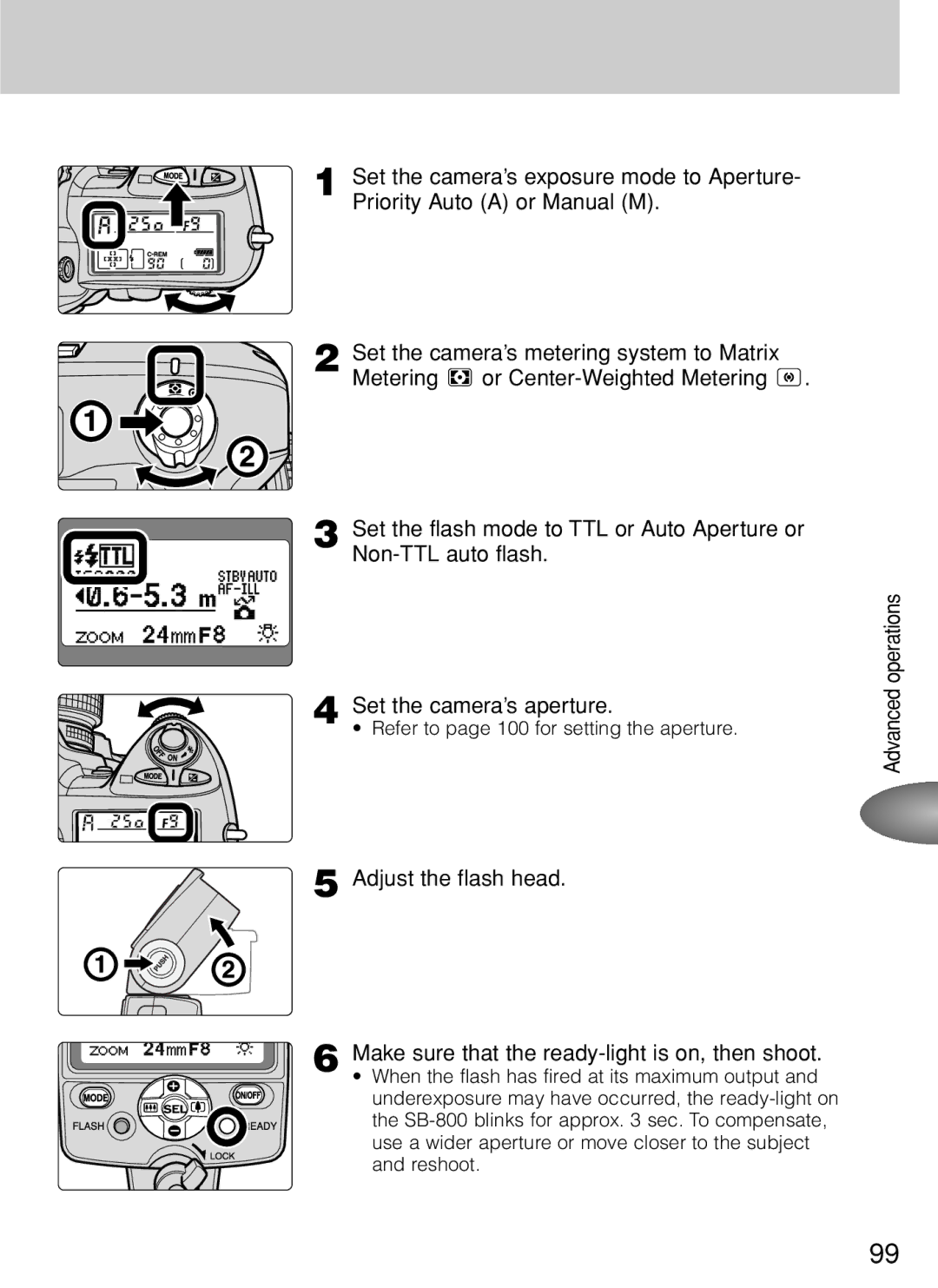 Nikon SB-800 instruction manual Refer to page 100 for setting the aperture 