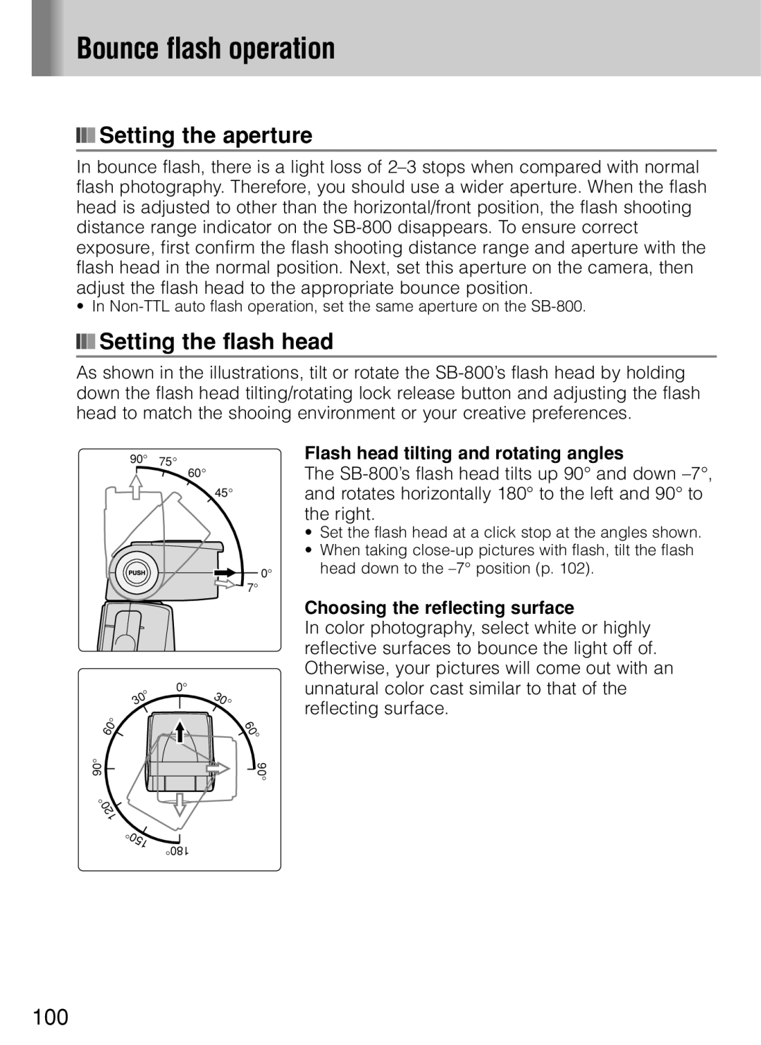 Nikon SB-800 Bounce flash operation, Setting the aperture, Setting the flash head, Flash head tilting and rotating angles 