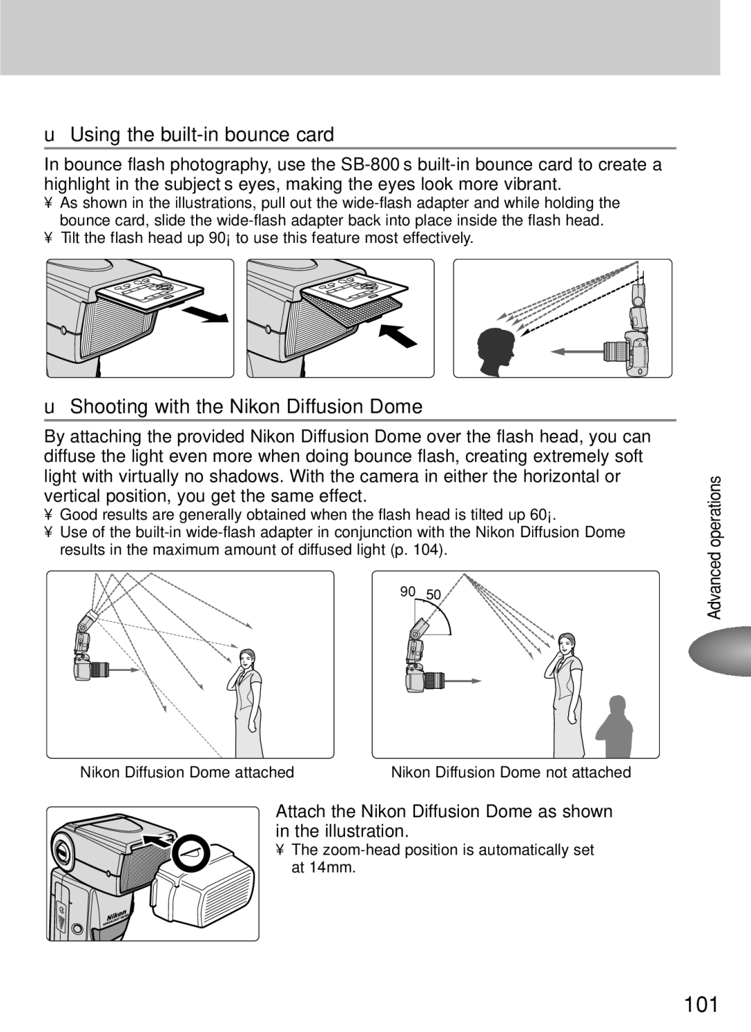 Nikon SB-800 instruction manual Using the built-in bounce card, Shooting with the Nikon Diffusion Dome 