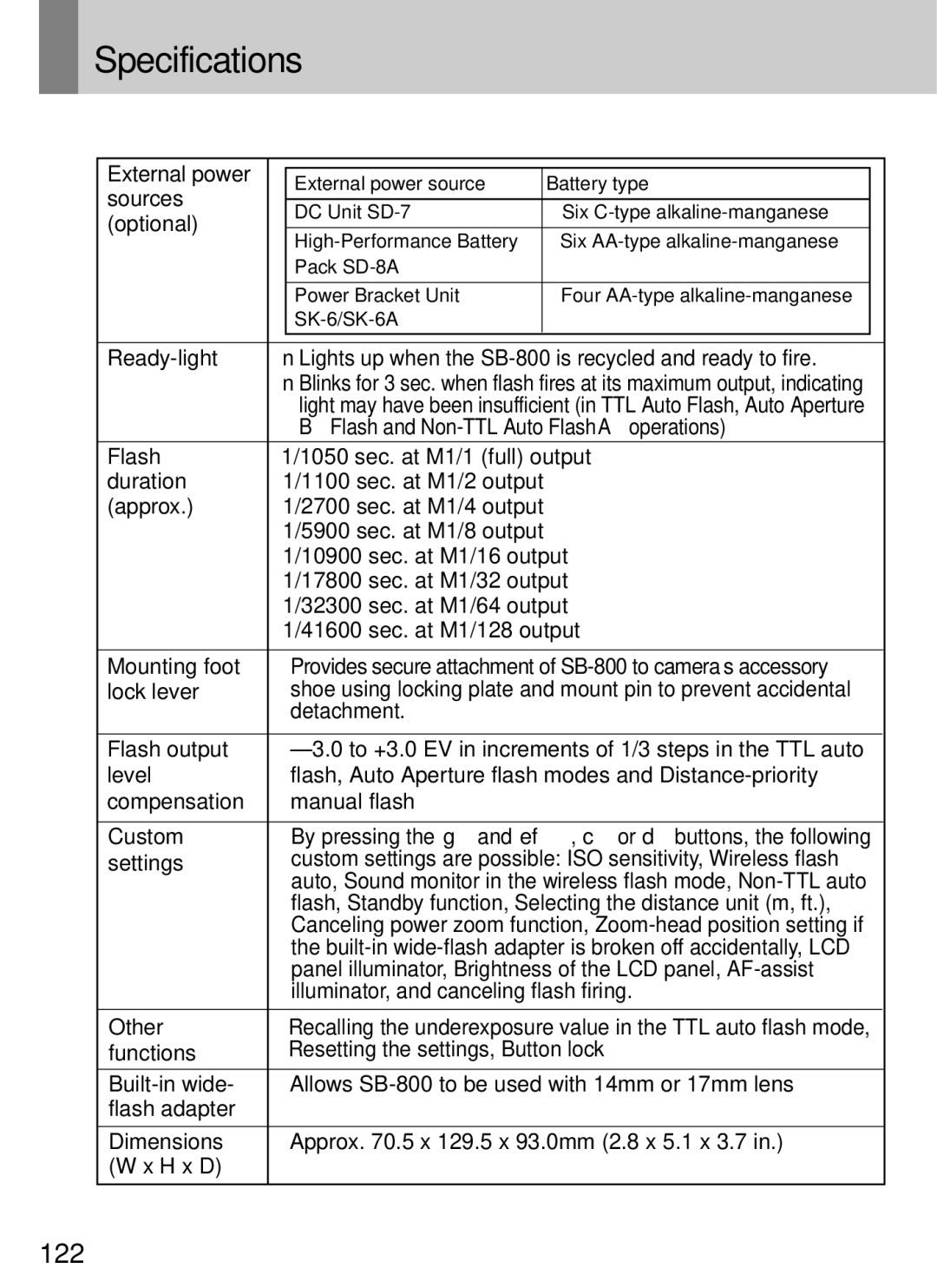 Nikon SB-800 instruction manual Specifications 