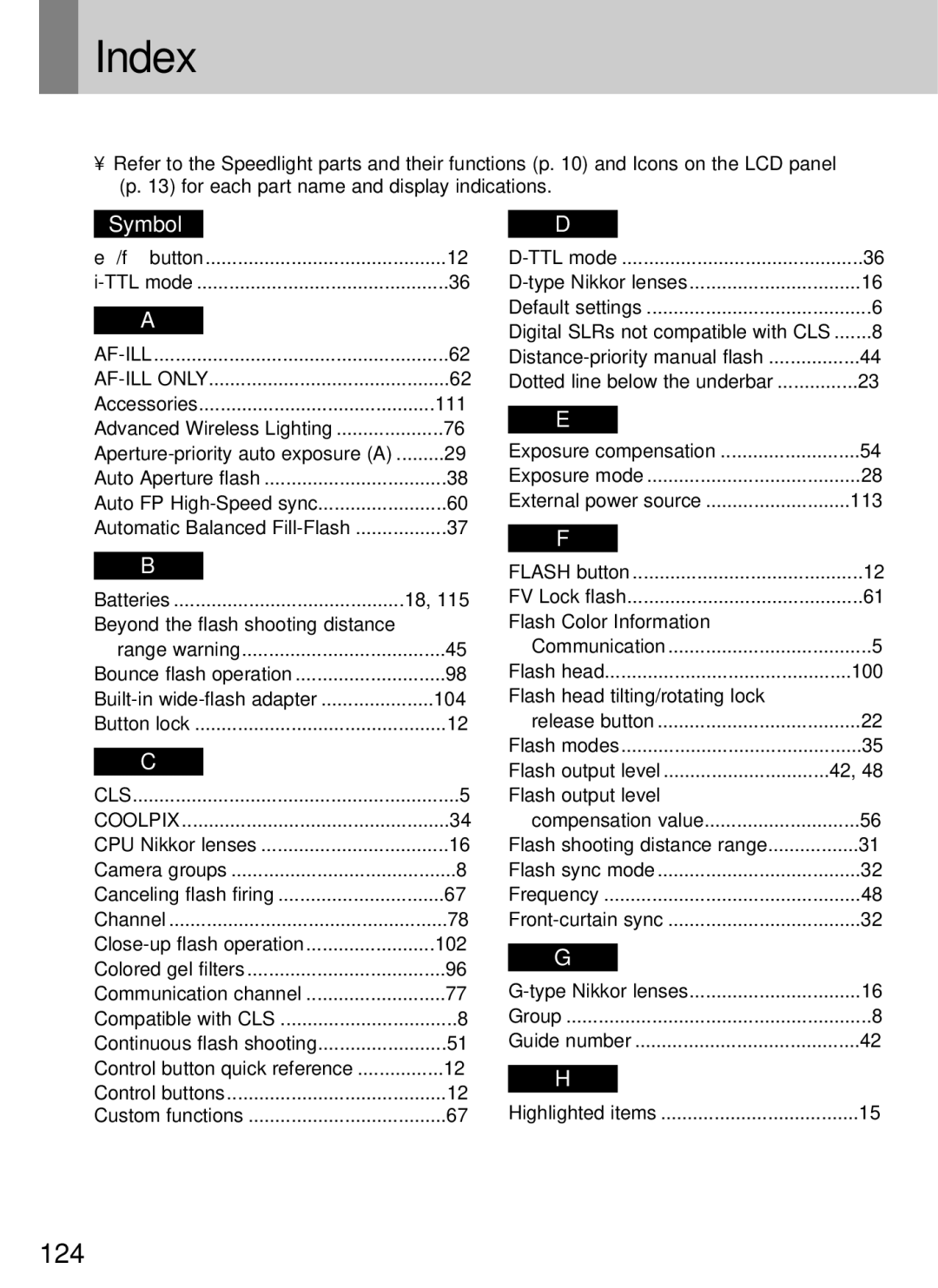 Nikon SB-800 instruction manual Index, Symbol 