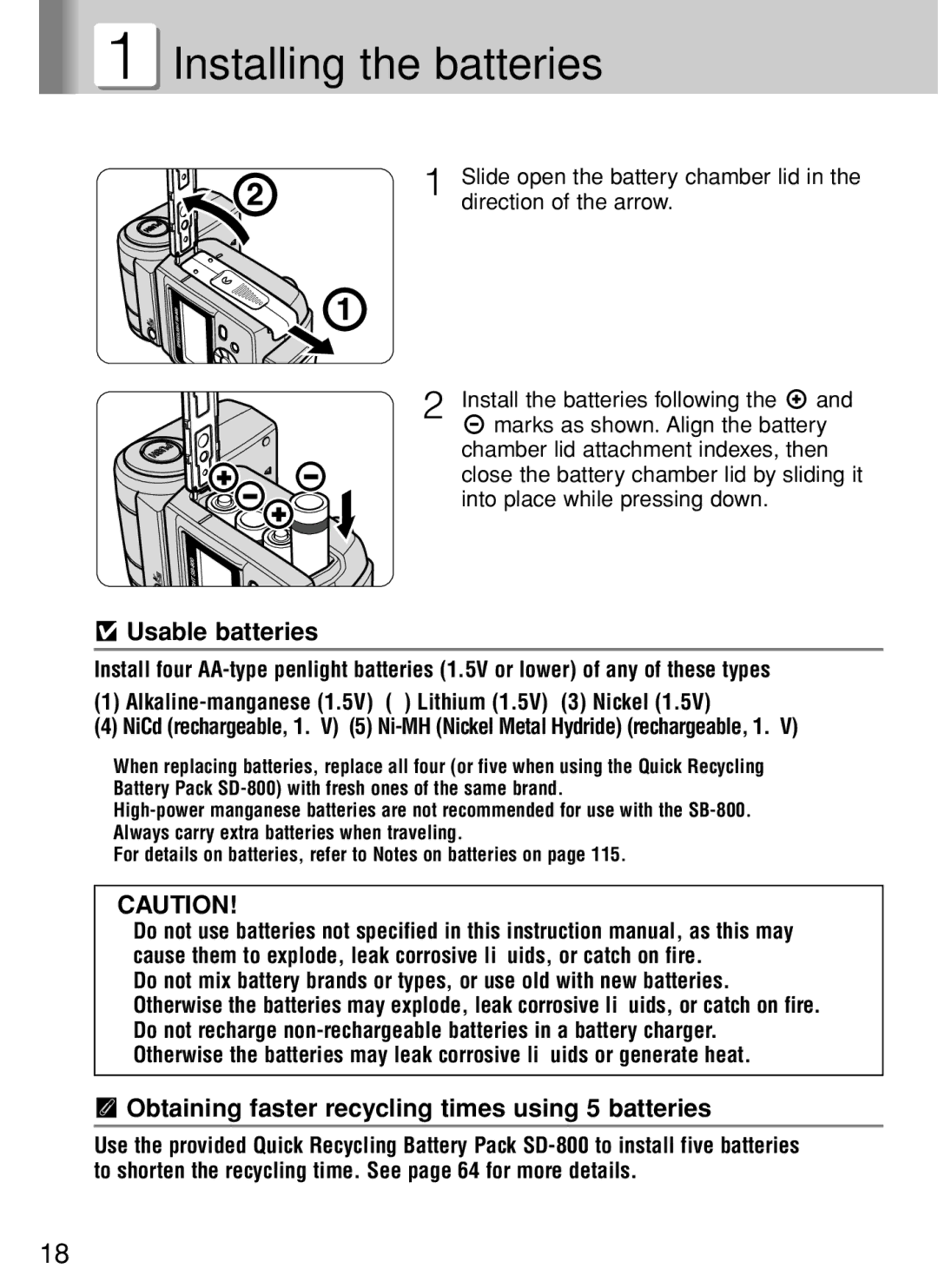 Nikon SB-800 Installing the batteries, Usable batteries, Obtaining faster recycling times using 5 batteries 