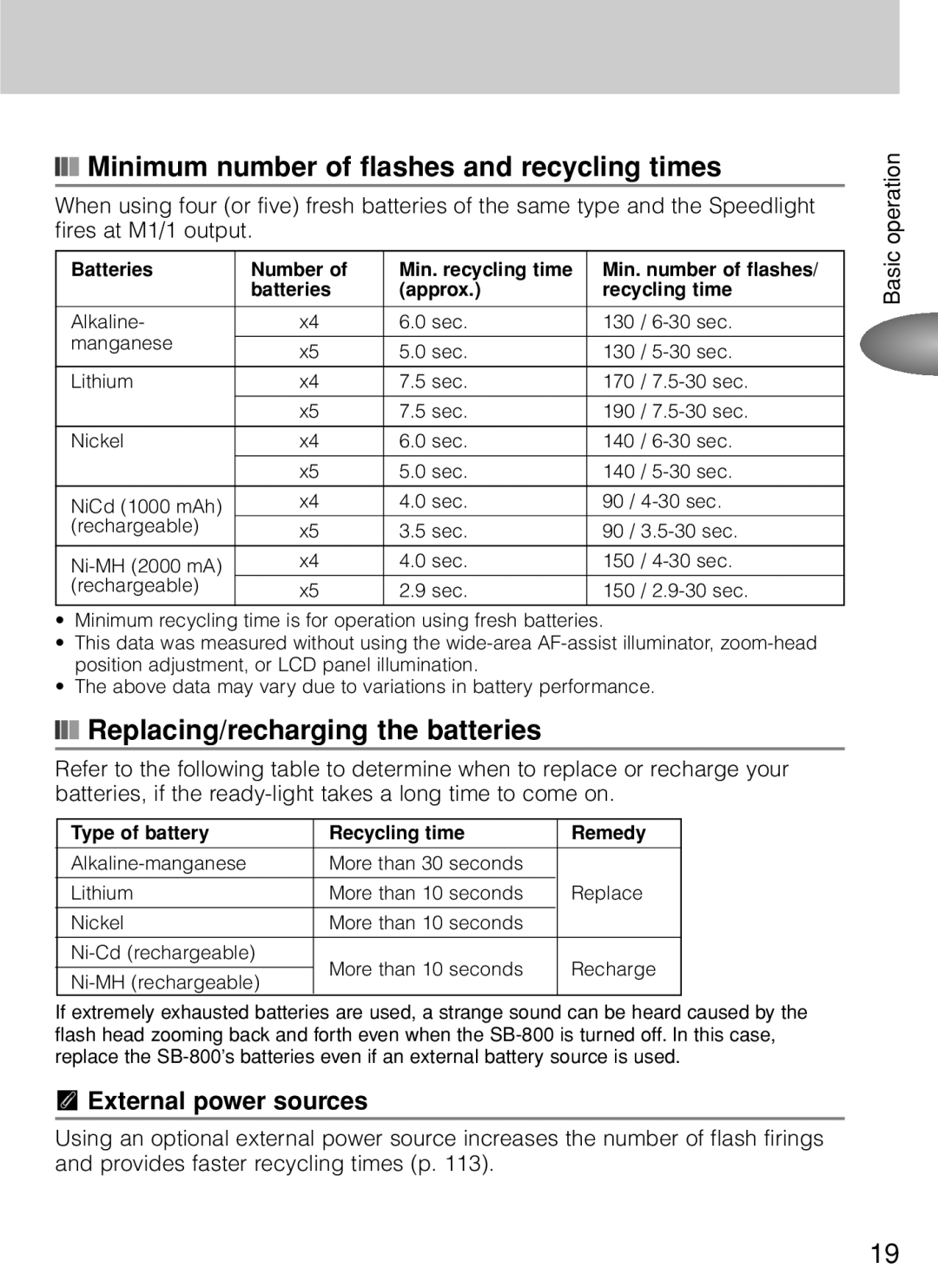 Nikon SB-800 Minimum number of flashes and recycling times, Replacing/recharging the batteries, External power sources 