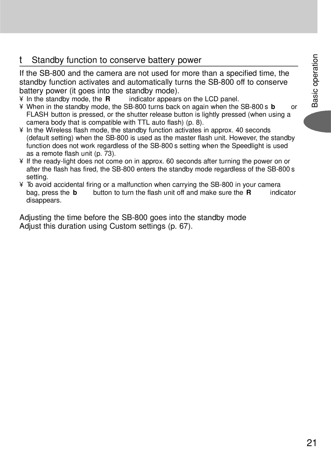 Nikon SB-800 Standby function to conserve battery power, Adjust this duration using Custom settings p Basic operation 