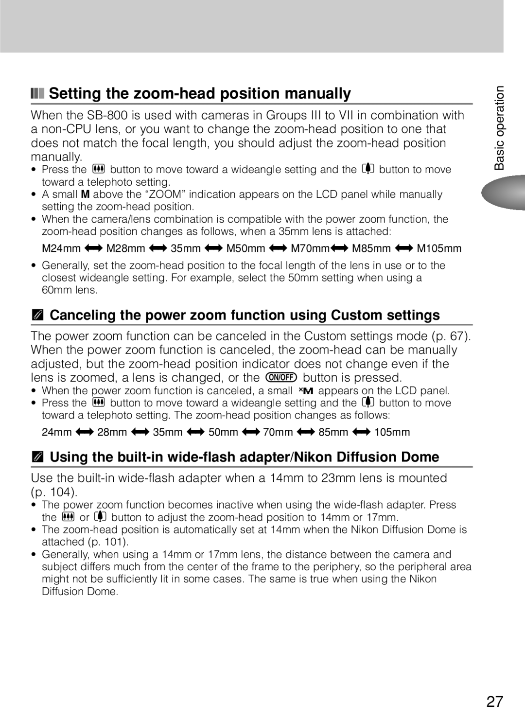 Nikon SB-800 Setting the zoom-head position manually, Canceling the power zoom function using Custom settings 