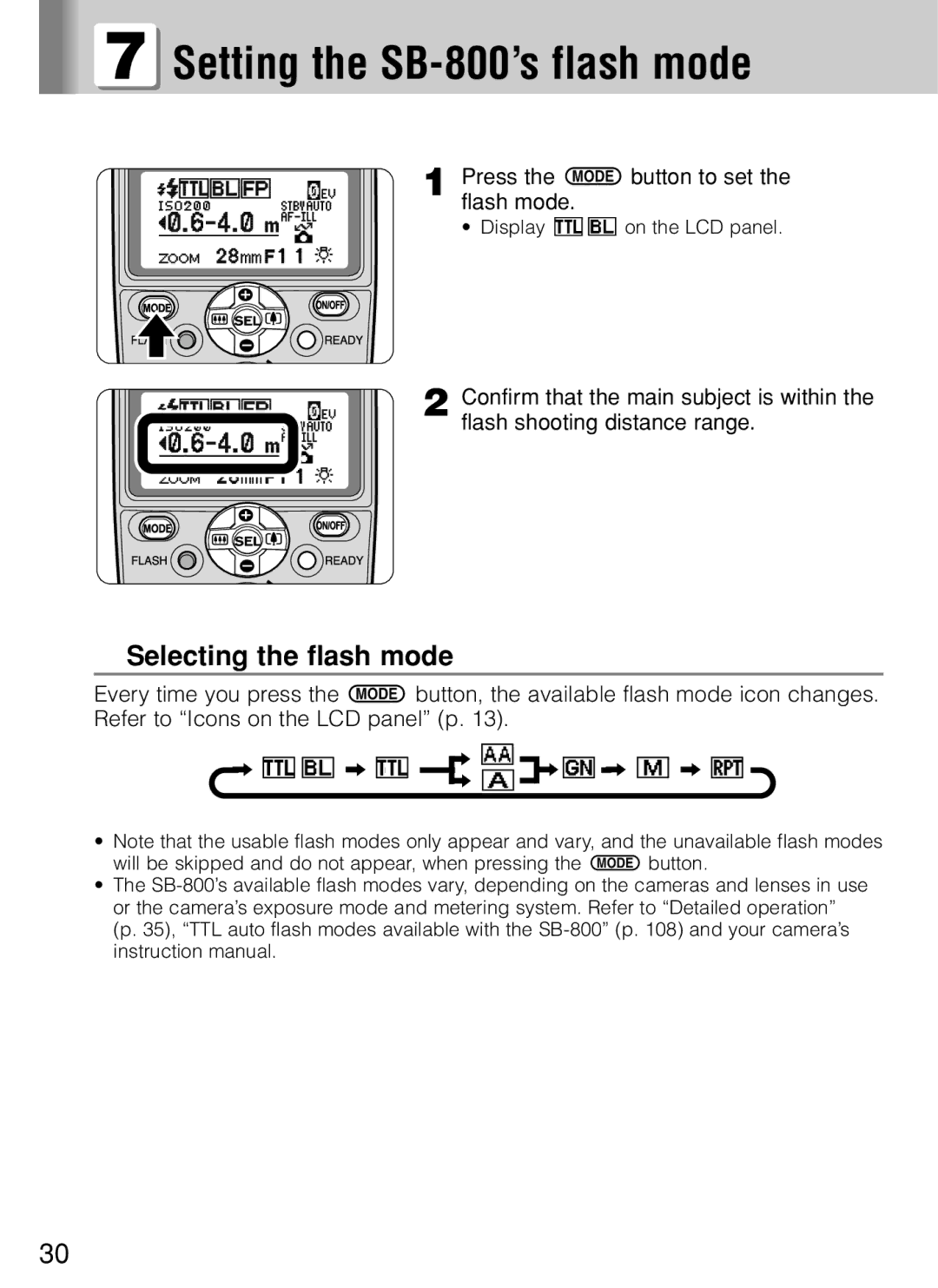 Nikon Setting the SB-800’s flash mode, Selecting the flash mode, Press the a button to set the flash mode 