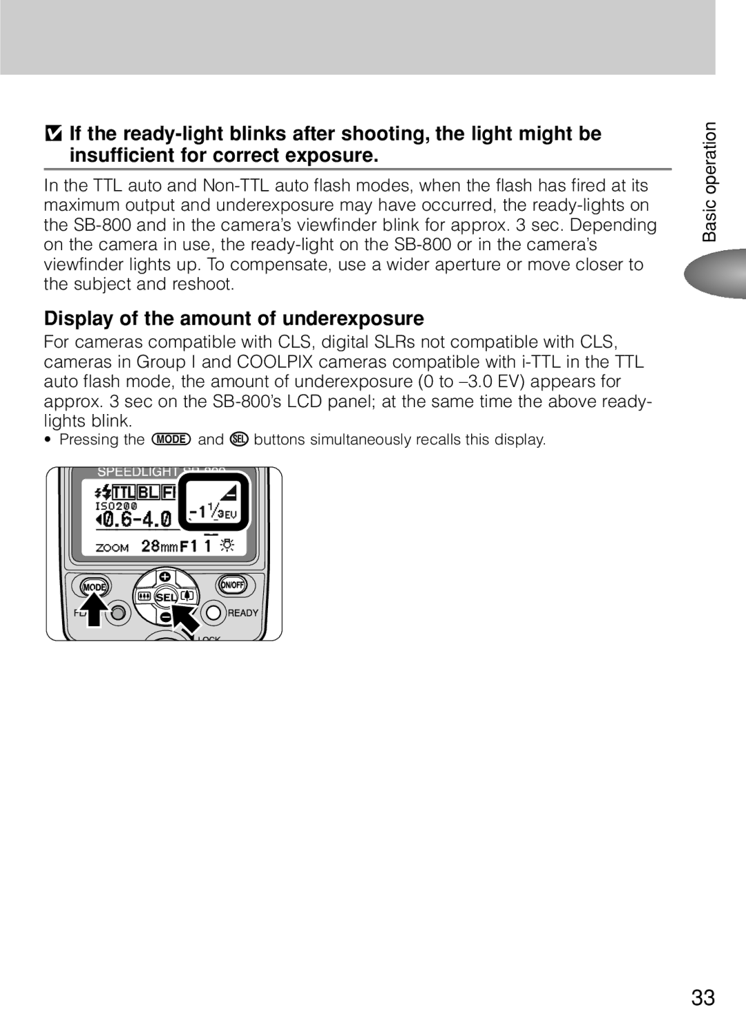 Nikon SB-800 instruction manual Display of the amount of underexposure 